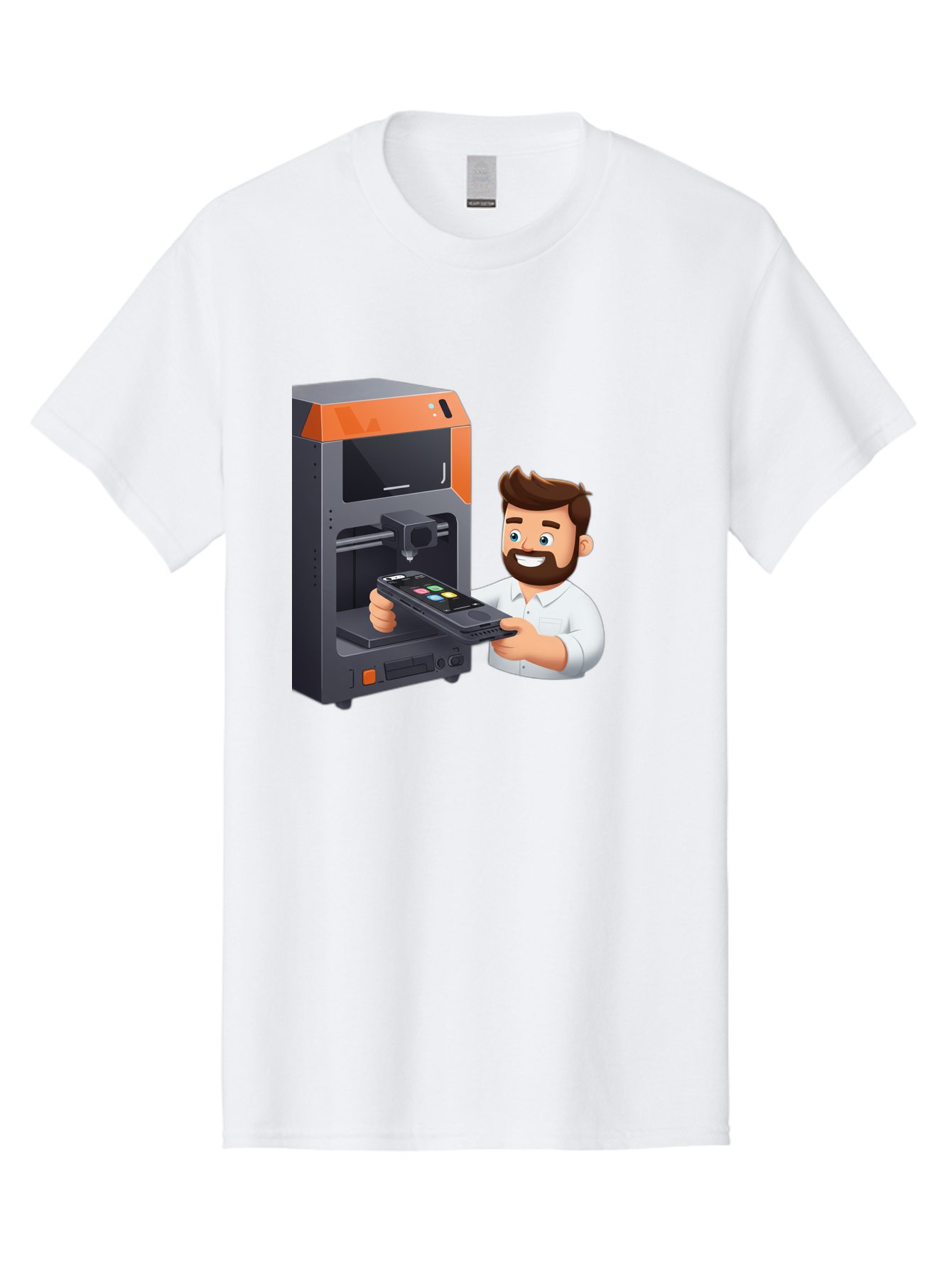 3D-Printer-18 Men'S Graphic Tee, 100% Cotton, Comfortable Casual Summer Wear, Machine Washable, Man Holding Phone, 3D Printing Technology, Phone Scanning, Digital Design, Modern Innovation, Futuristic Manufacturing, 3D Printer Machine Baa011