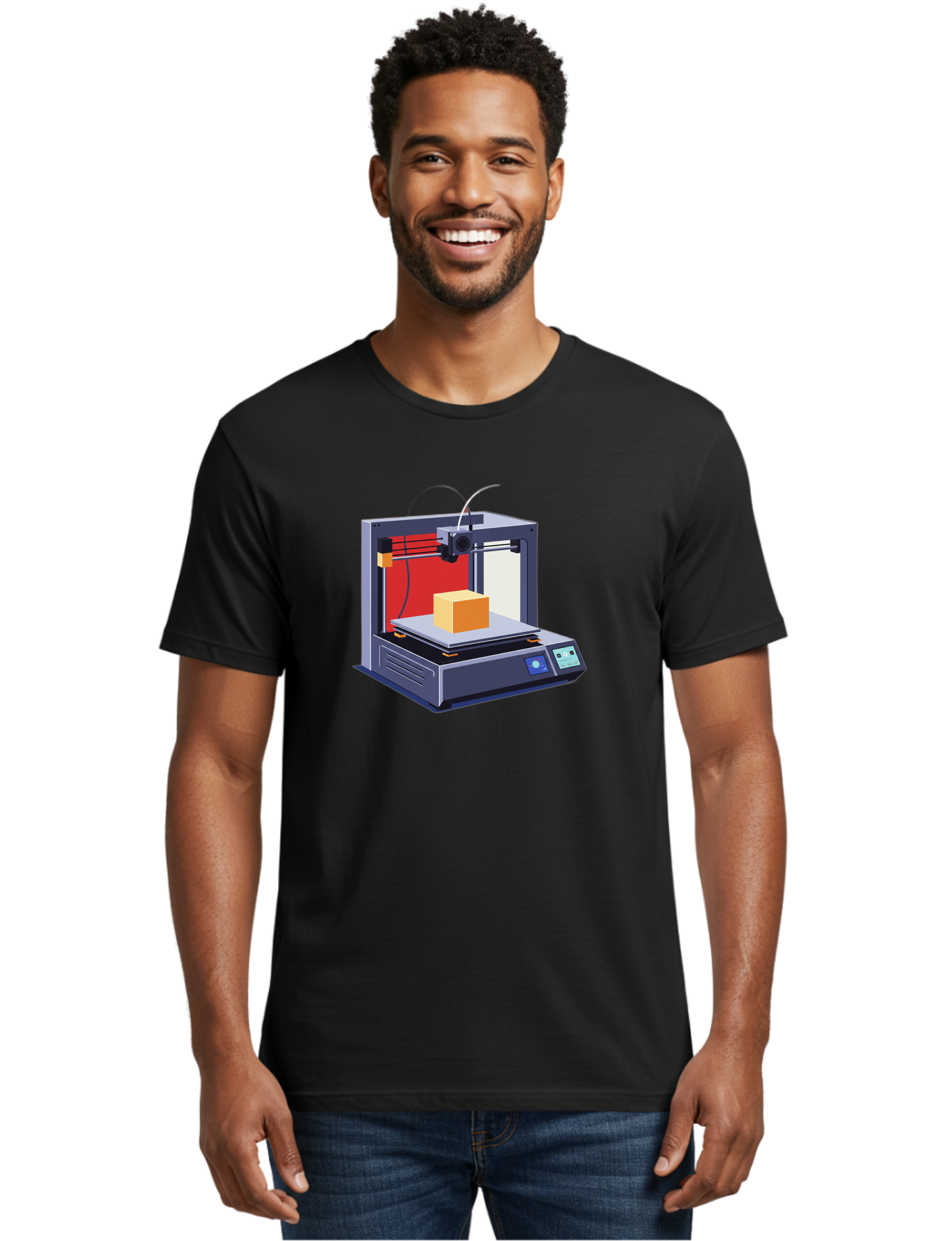 3D-Printer-2 Men'S Graphic Tee, 100% Cotton, Comfortable Casual Summer Wear, Machine Washable, 3D Printing Technology, Additive Manufacturing, Printed Cube, Digital Fabrication, Rapid Prototyping, Industrial Innovation, Futuristic Design Baa013
