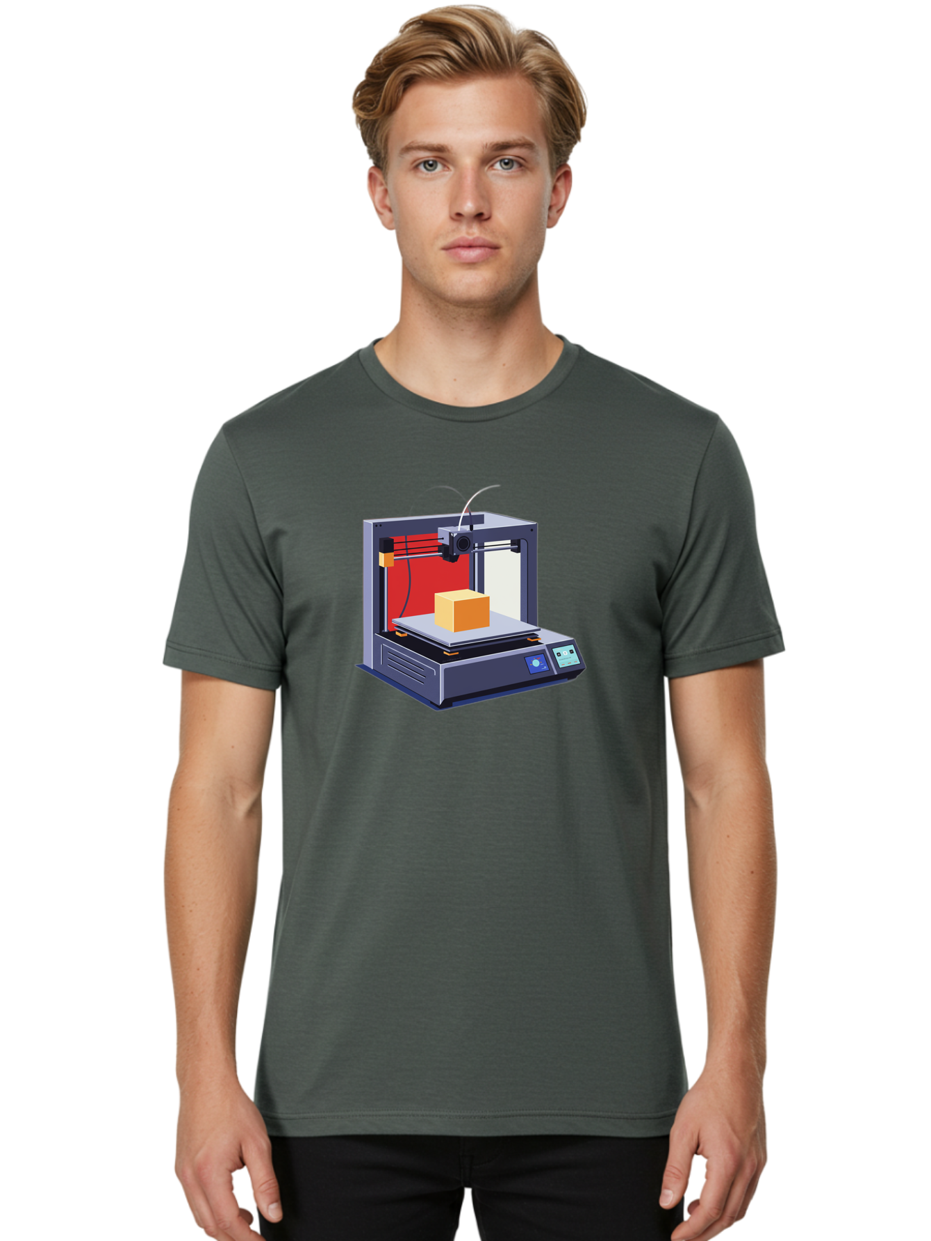 3D-Printer-2 Men'S Graphic Tee, 100% Cotton, Comfortable Casual Summer Wear, Machine Washable, 3D Printing Technology, Additive Manufacturing, Printed Cube, Digital Fabrication, Rapid Prototyping, Industrial Innovation, Futuristic Design Baa013