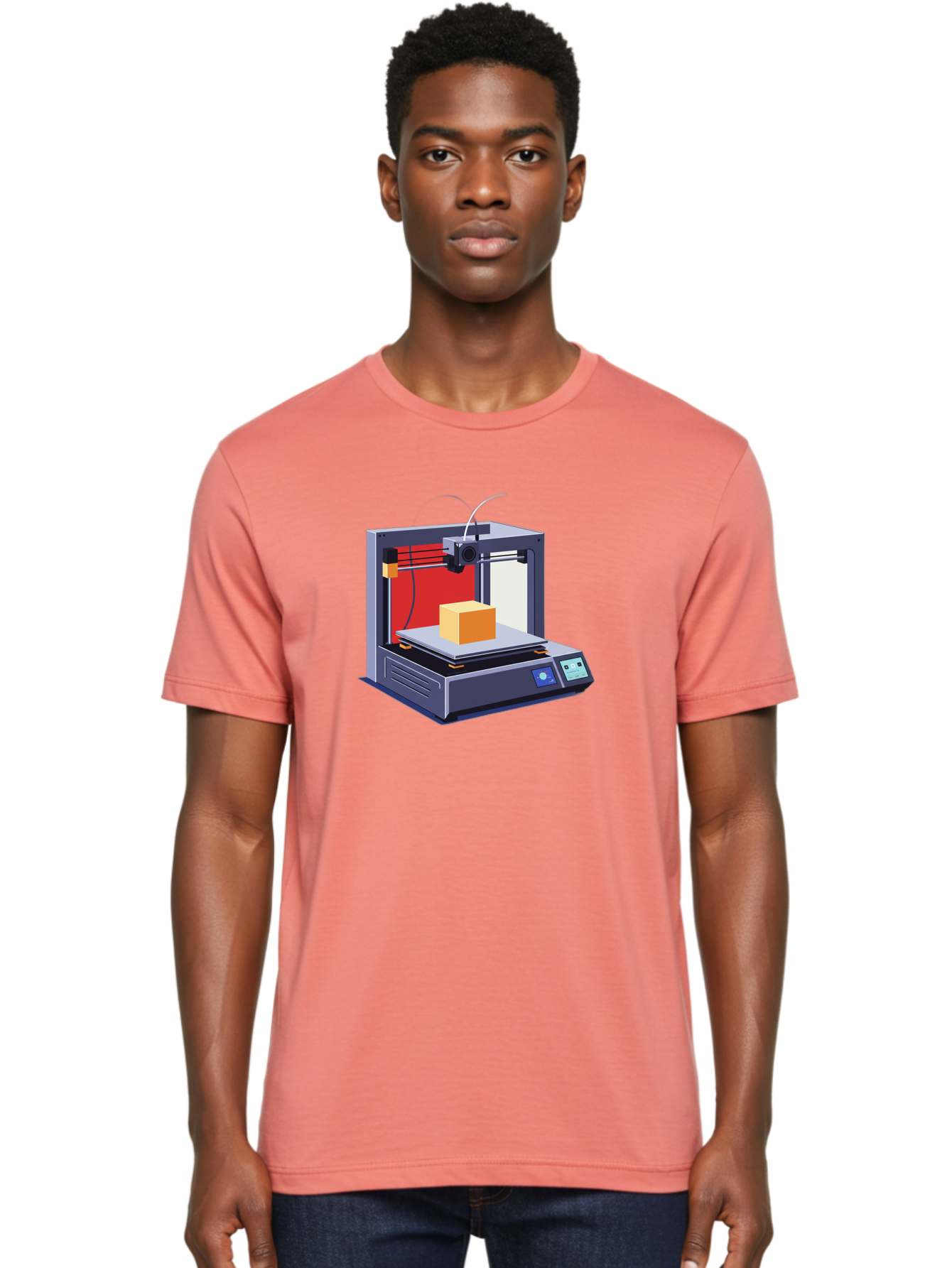 3D-Printer-2 Men'S Graphic Tee, 100% Cotton, Comfortable Casual Summer Wear, Machine Washable, 3D Printing Technology, Additive Manufacturing, Printed Cube, Digital Fabrication, Rapid Prototyping, Industrial Innovation, Futuristic Design Baa013