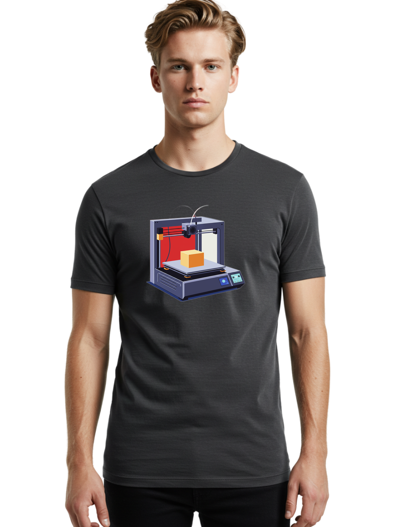 3D-Printer-2 Men'S Graphic Tee, 100% Cotton, Comfortable Casual Summer Wear, Machine Washable, 3D Printing Technology, Additive Manufacturing, Printed Cube, Digital Fabrication, Rapid Prototyping, Industrial Innovation, Futuristic Design Baa013