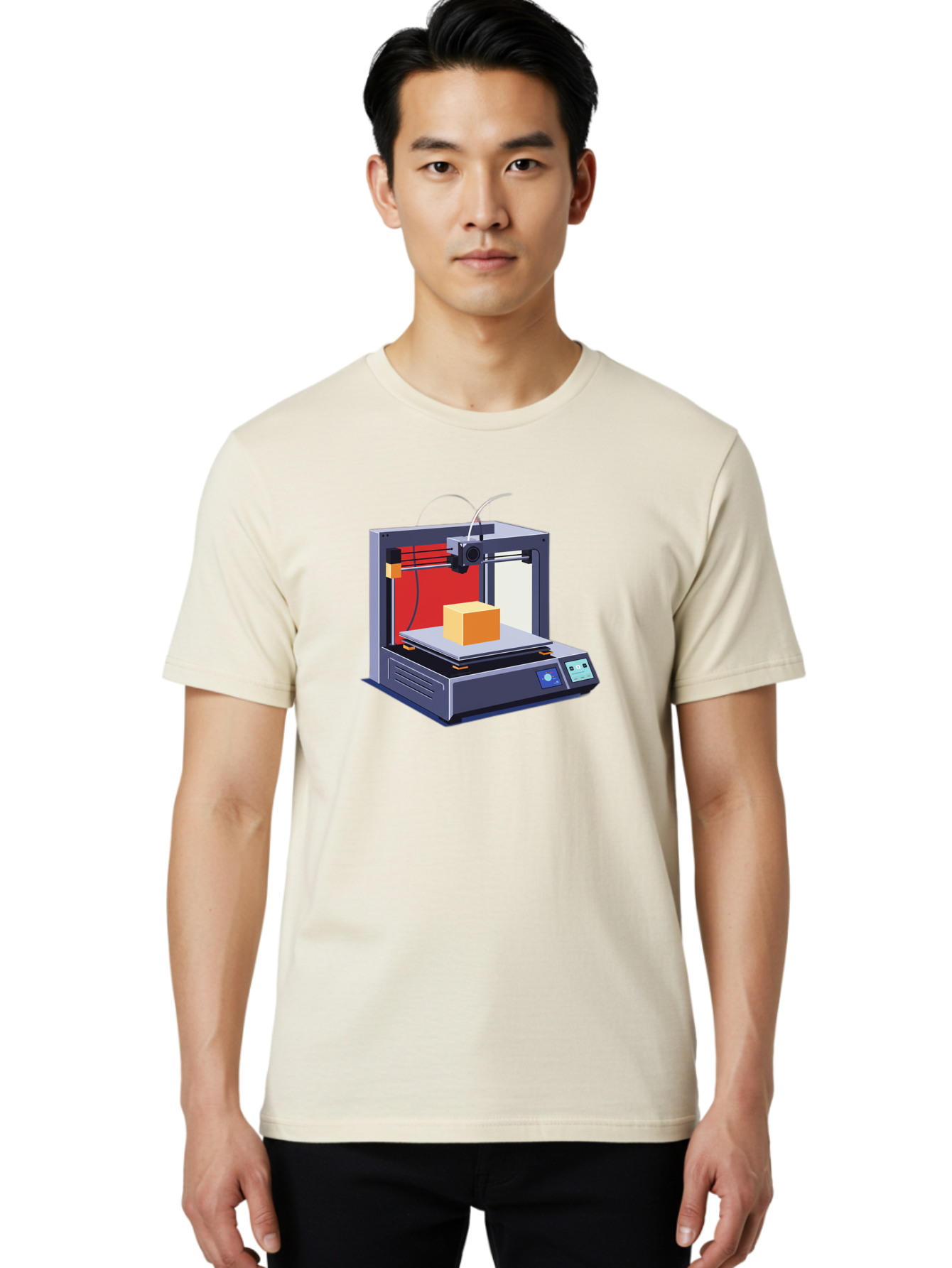 3D-Printer-2 Men'S Graphic Tee, 100% Cotton, Comfortable Casual Summer Wear, Machine Washable, 3D Printing Technology, Additive Manufacturing, Printed Cube, Digital Fabrication, Rapid Prototyping, Industrial Innovation, Futuristic Design Baa013