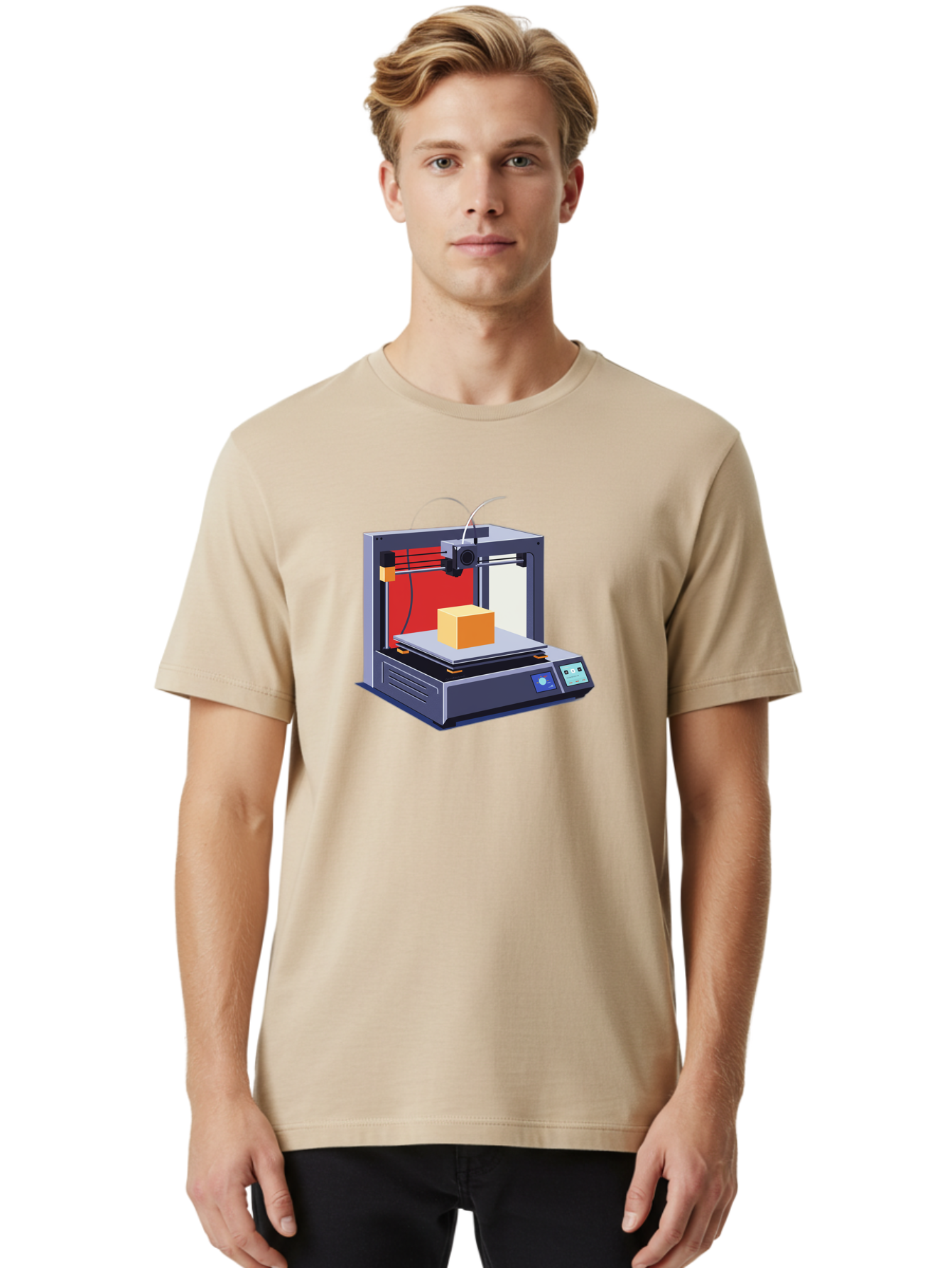 3D-Printer-2 Men'S Graphic Tee, 100% Cotton, Comfortable Casual Summer Wear, Machine Washable, 3D Printing Technology, Additive Manufacturing, Printed Cube, Digital Fabrication, Rapid Prototyping, Industrial Innovation, Futuristic Design Baa013
