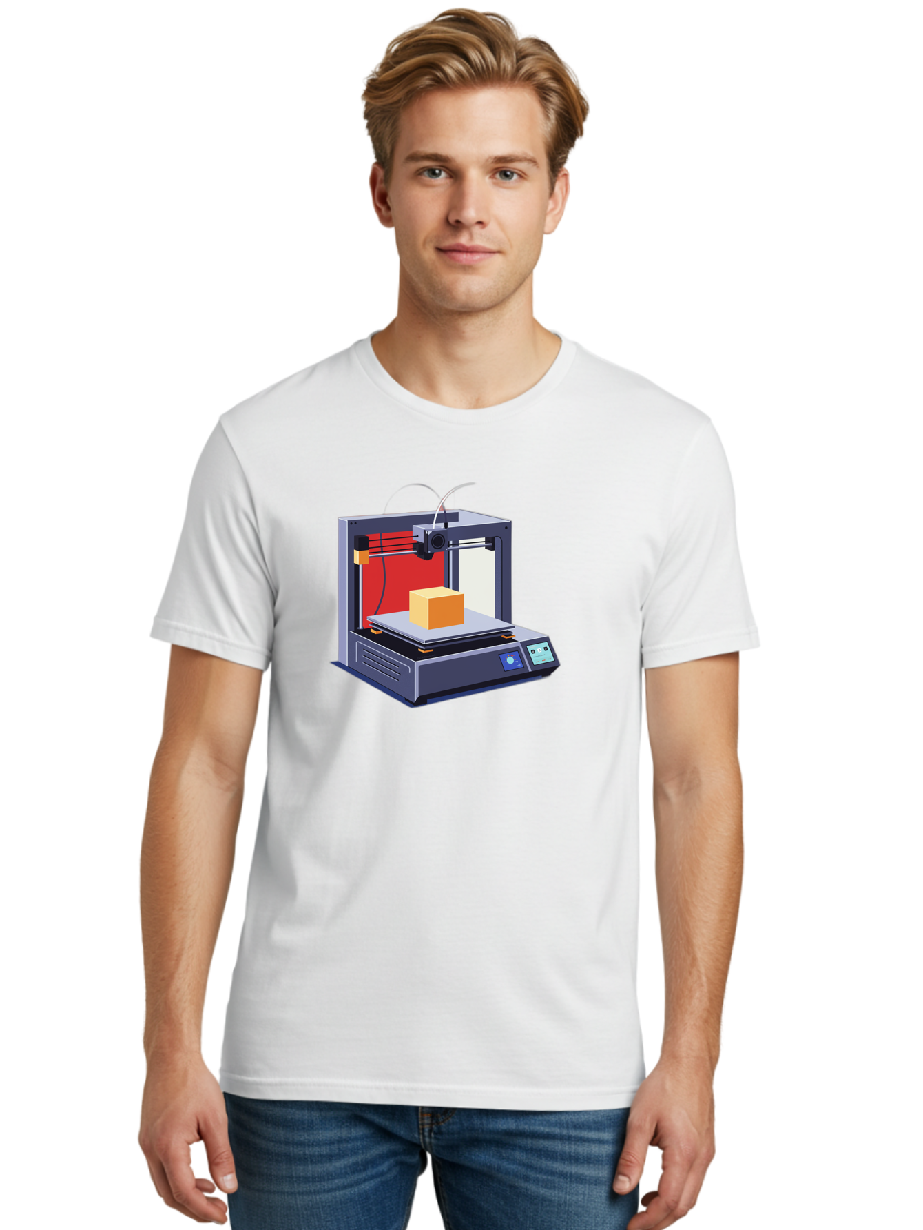 3D-Printer-2 Men'S Graphic Tee, 100% Cotton, Comfortable Casual Summer Wear, Machine Washable, 3D Printing Technology, Additive Manufacturing, Printed Cube, Digital Fabrication, Rapid Prototyping, Industrial Innovation, Futuristic Design Baa013