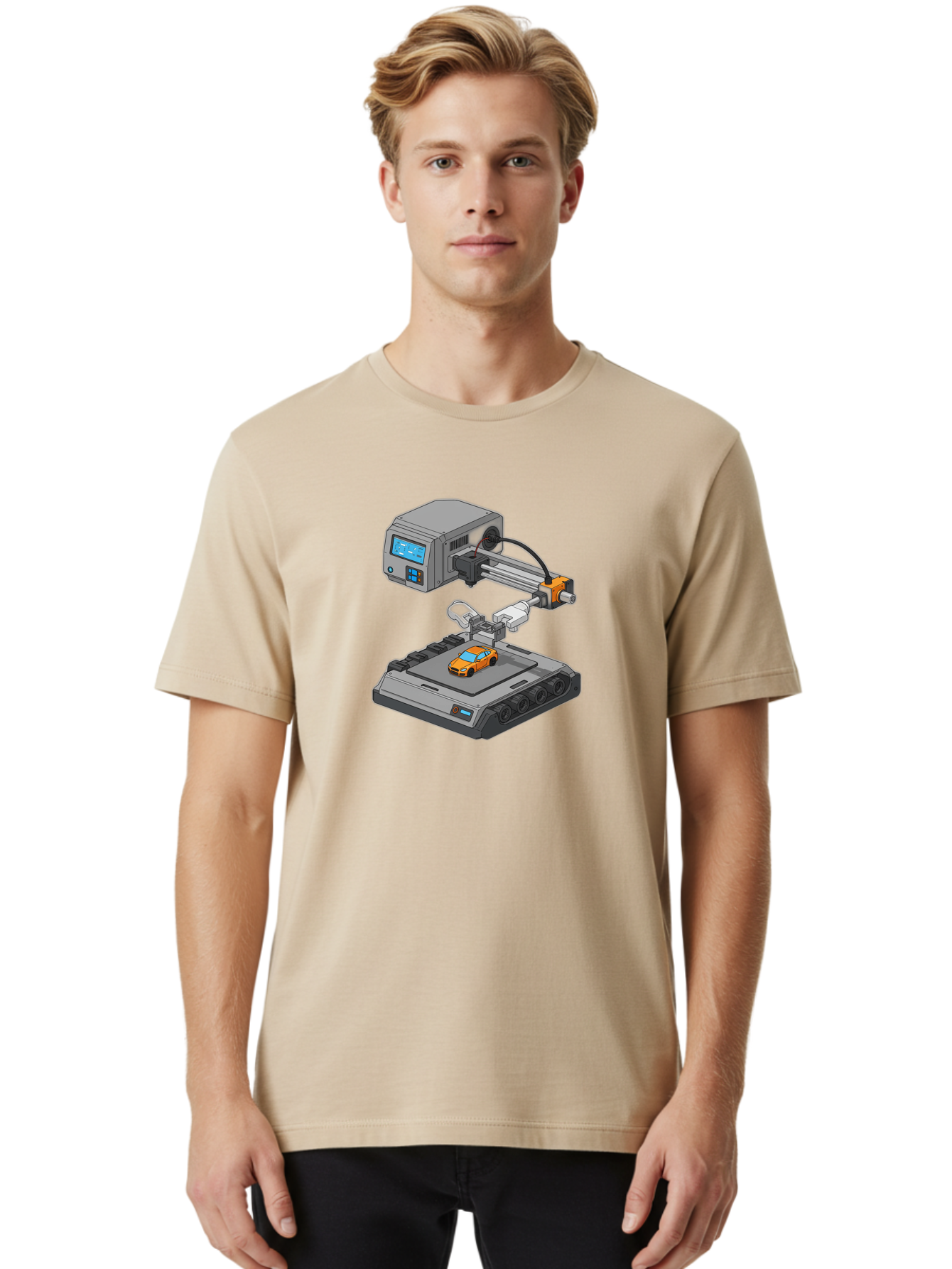 3D-Printer-22 Men'S Graphic Tee, 100% Cotton, Comfortable Casual Summer Wear, Machine Washable, 3D Printing Technology, Rapid Prototyping, Orange Sports Car, Digital Fabrication, Futuristic Manufacturing, Additive Manufacturing, 3D Modeling Baa016