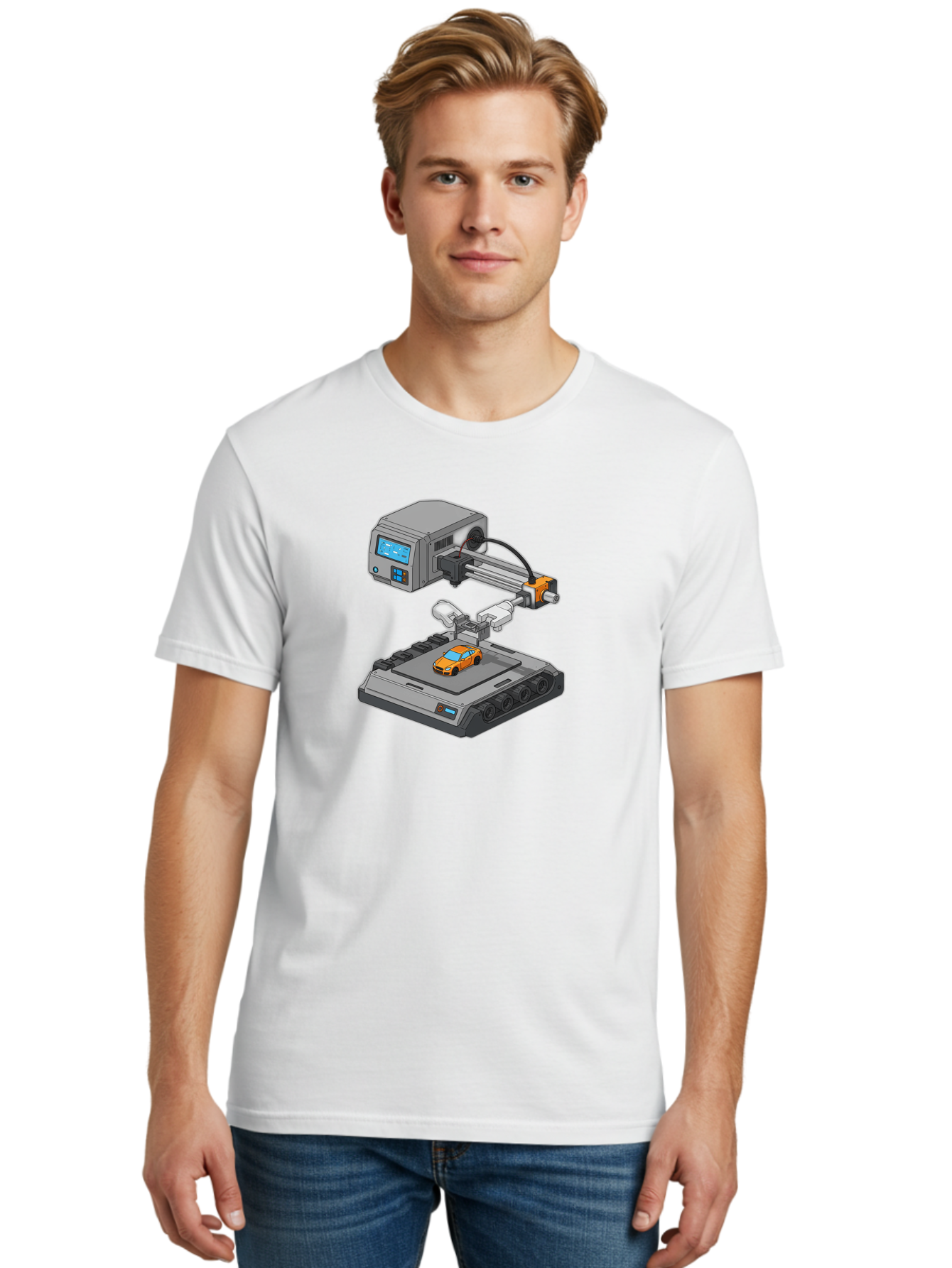 3D-Printer-22 Men'S Graphic Tee, 100% Cotton, Comfortable Casual Summer Wear, Machine Washable, 3D Printing Technology, Rapid Prototyping, Orange Sports Car, Digital Fabrication, Futuristic Manufacturing, Additive Manufacturing, 3D Modeling Baa016