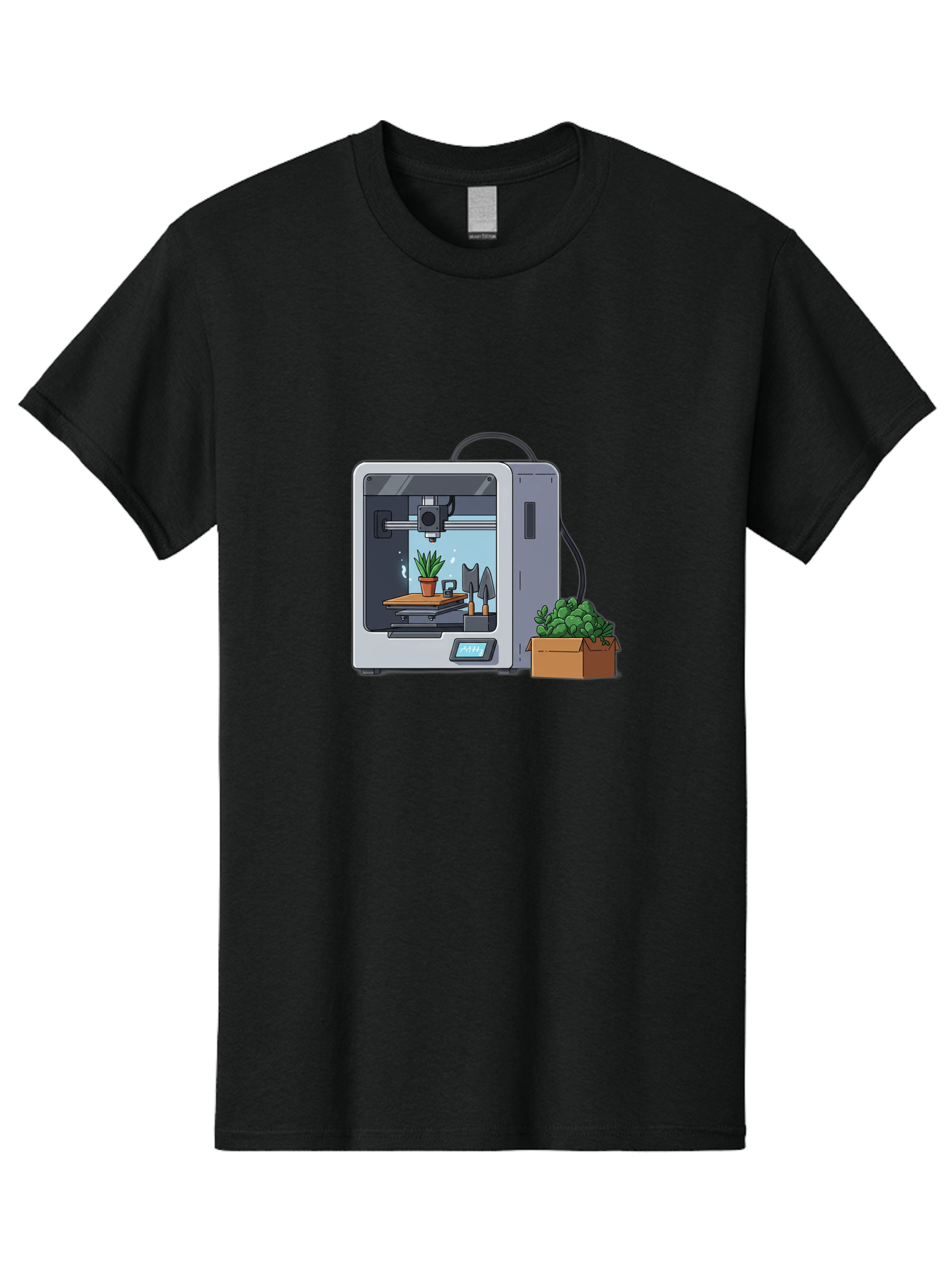 3D-Printer-23 Men'S Graphic Tee, 100% Cotton, Comfortable Casual Summer Wear, Machine Washable, 3D Printing Technology, Digital Fabrication, Futuristic Manufacturing, Potted Plant, Succulent Plants, Cardboard Box, Modern Machinery, Baa017