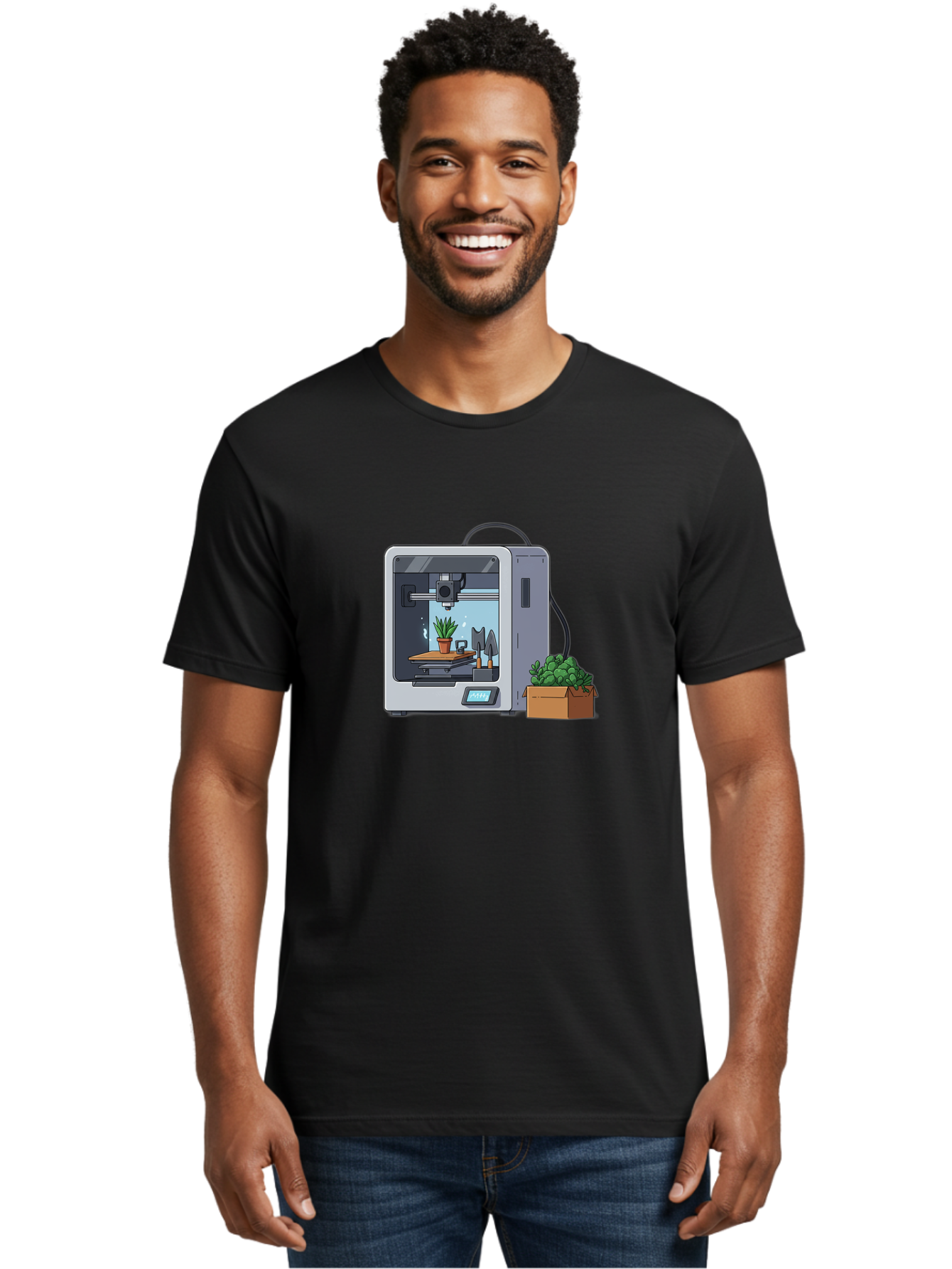 3D-Printer-23 Men'S Graphic Tee, 100% Cotton, Comfortable Casual Summer Wear, Machine Washable, 3D Printing Technology, Digital Fabrication, Futuristic Manufacturing, Potted Plant, Succulent Plants, Cardboard Box, Modern Machinery, Baa017