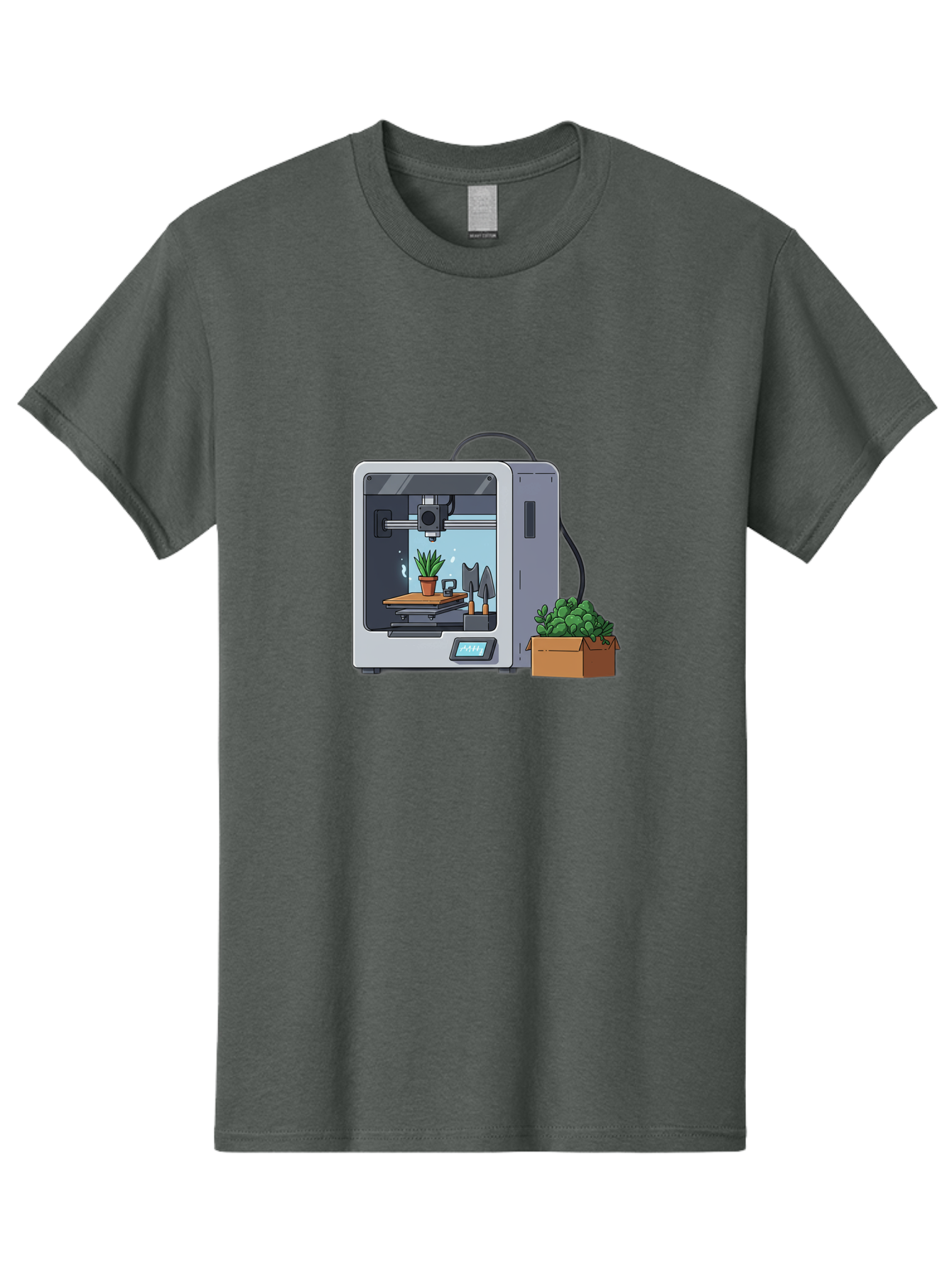 3D-Printer-23 Men'S Graphic Tee, 100% Cotton, Comfortable Casual Summer Wear, Machine Washable, 3D Printing Technology, Digital Fabrication, Futuristic Manufacturing, Potted Plant, Succulent Plants, Cardboard Box, Modern Machinery, Baa017