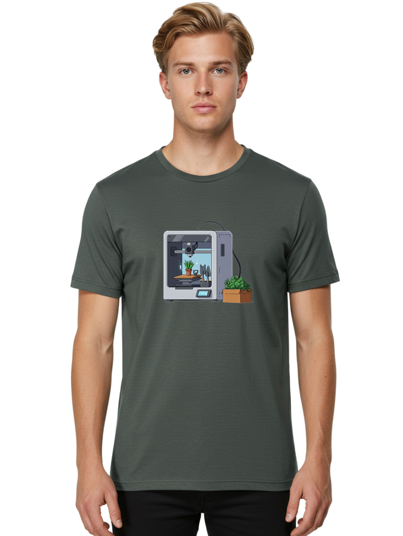 3D-Printer-23 Men'S Graphic Tee, 100% Cotton, Comfortable Casual Summer Wear, Machine Washable, 3D Printing Technology, Digital Fabrication, Futuristic Manufacturing, Potted Plant, Succulent Plants, Cardboard Box, Modern Machinery, Baa017