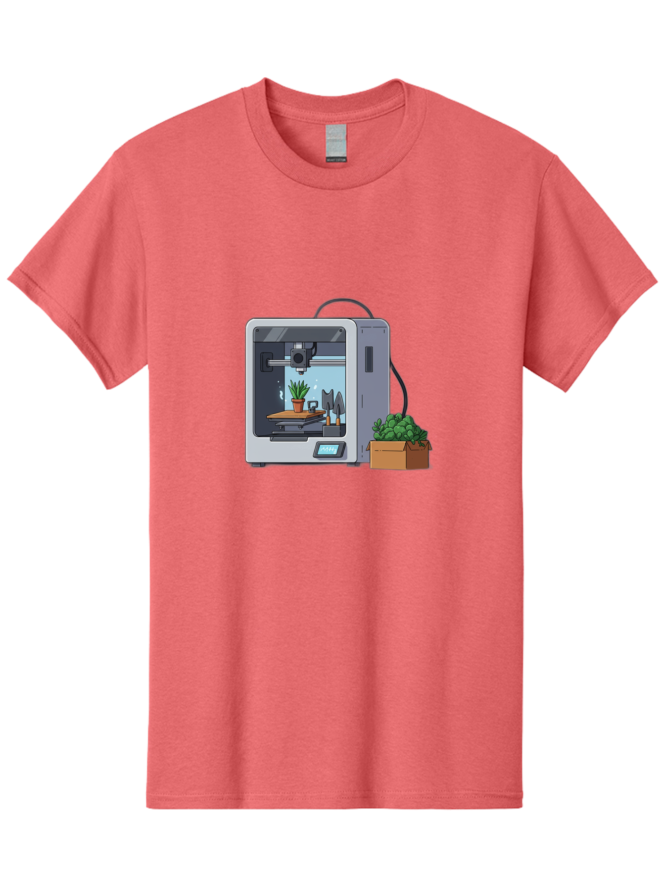 3D-Printer-23 Men'S Graphic Tee, 100% Cotton, Comfortable Casual Summer Wear, Machine Washable, 3D Printing Technology, Digital Fabrication, Futuristic Manufacturing, Potted Plant, Succulent Plants, Cardboard Box, Modern Machinery, Baa017