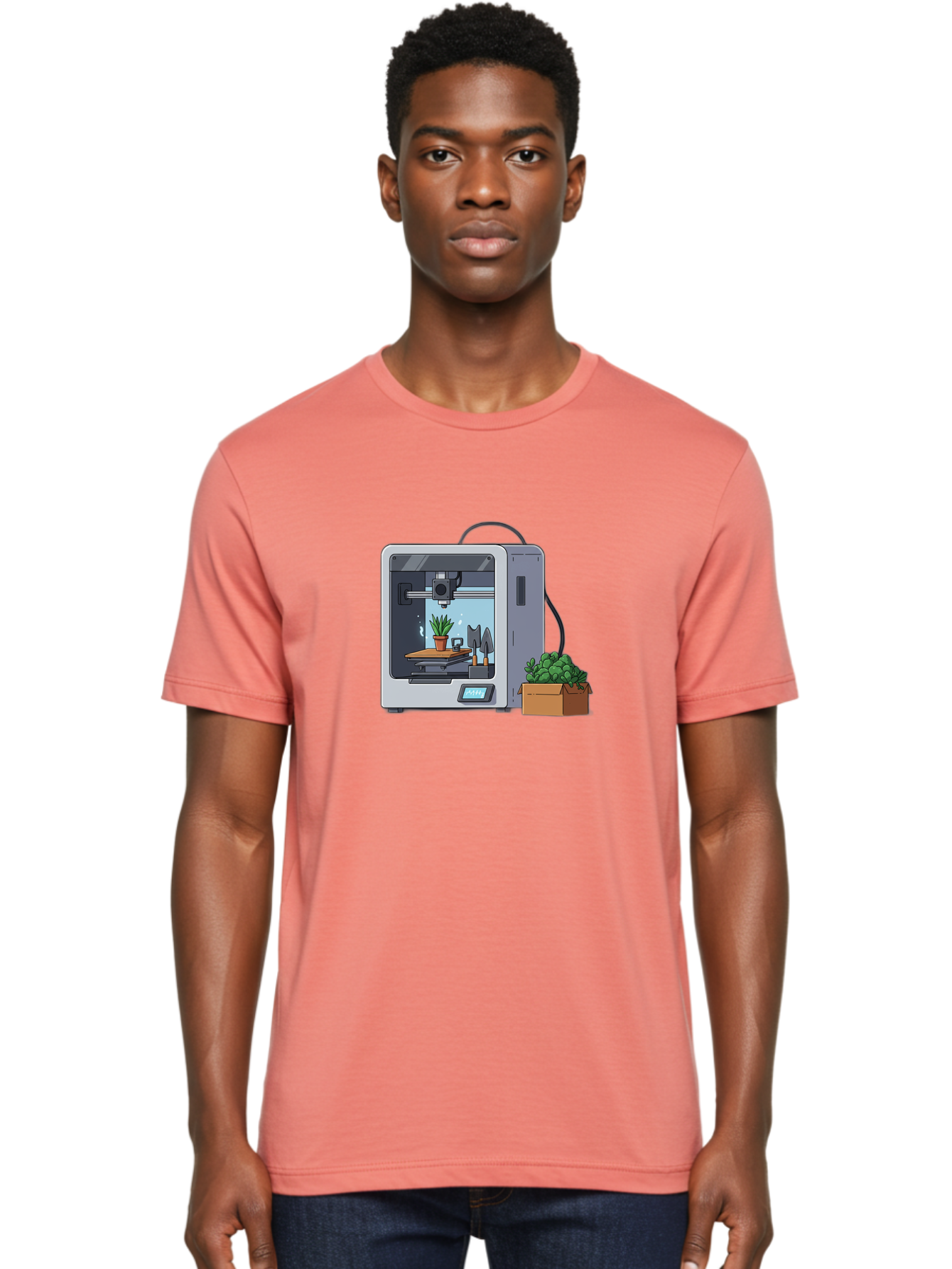 3D-Printer-23 Men'S Graphic Tee, 100% Cotton, Comfortable Casual Summer Wear, Machine Washable, 3D Printing Technology, Digital Fabrication, Futuristic Manufacturing, Potted Plant, Succulent Plants, Cardboard Box, Modern Machinery, Baa017
