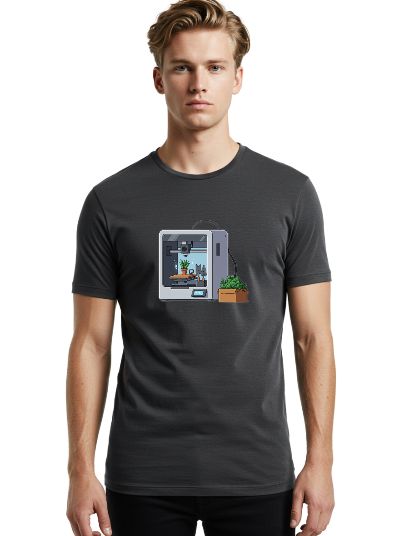 3D-Printer-23 Men'S Graphic Tee, 100% Cotton, Comfortable Casual Summer Wear, Machine Washable, 3D Printing Technology, Digital Fabrication, Futuristic Manufacturing, Potted Plant, Succulent Plants, Cardboard Box, Modern Machinery, Baa017