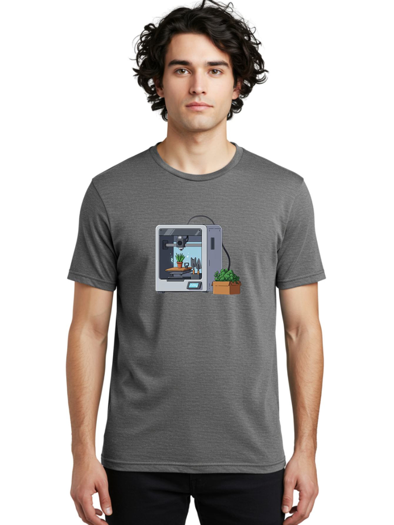 3D-Printer-23 Men'S Graphic Tee, 100% Cotton, Comfortable Casual Summer Wear, Machine Washable, 3D Printing Technology, Digital Fabrication, Futuristic Manufacturing, Potted Plant, Succulent Plants, Cardboard Box, Modern Machinery, Baa017
