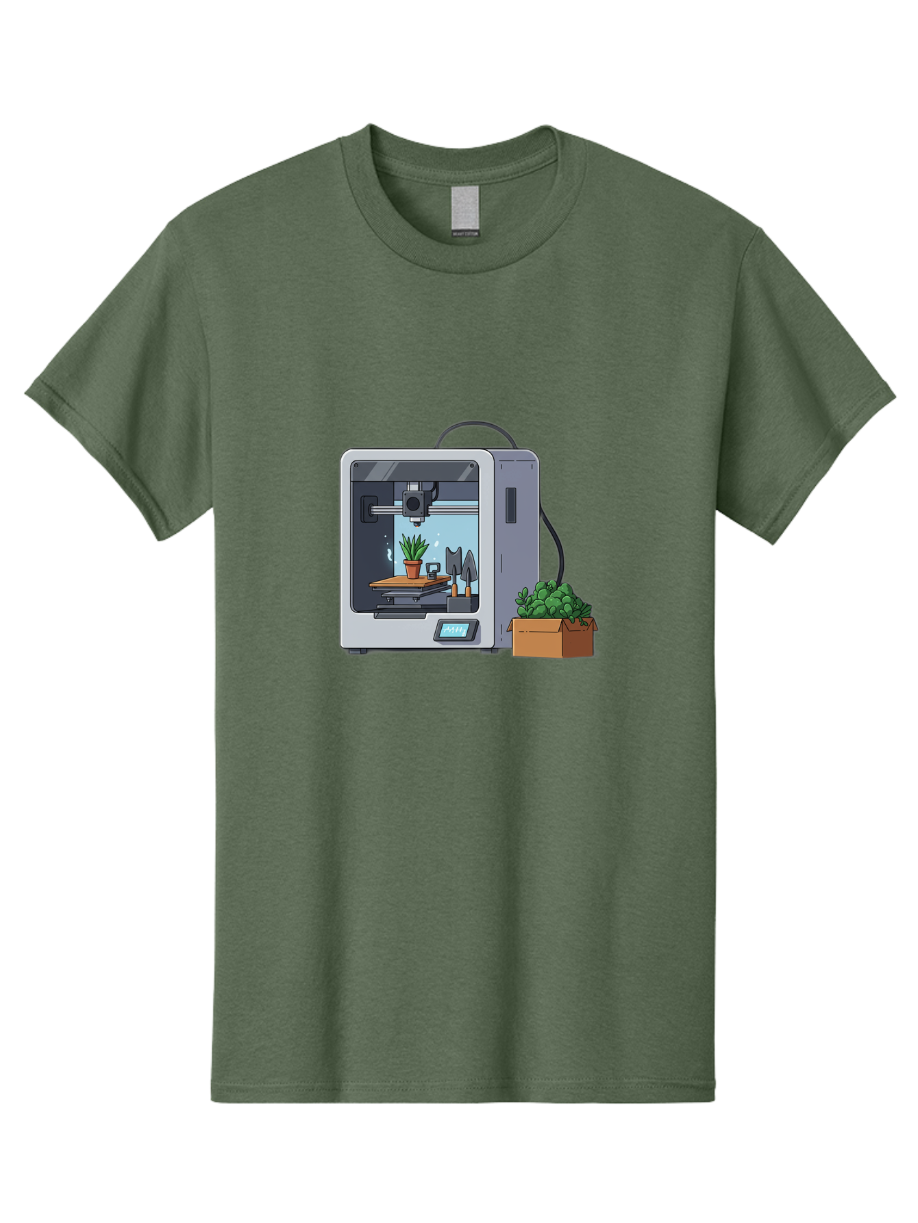 3D-Printer-23 Men'S Graphic Tee, 100% Cotton, Comfortable Casual Summer Wear, Machine Washable, 3D Printing Technology, Digital Fabrication, Futuristic Manufacturing, Potted Plant, Succulent Plants, Cardboard Box, Modern Machinery, Baa017