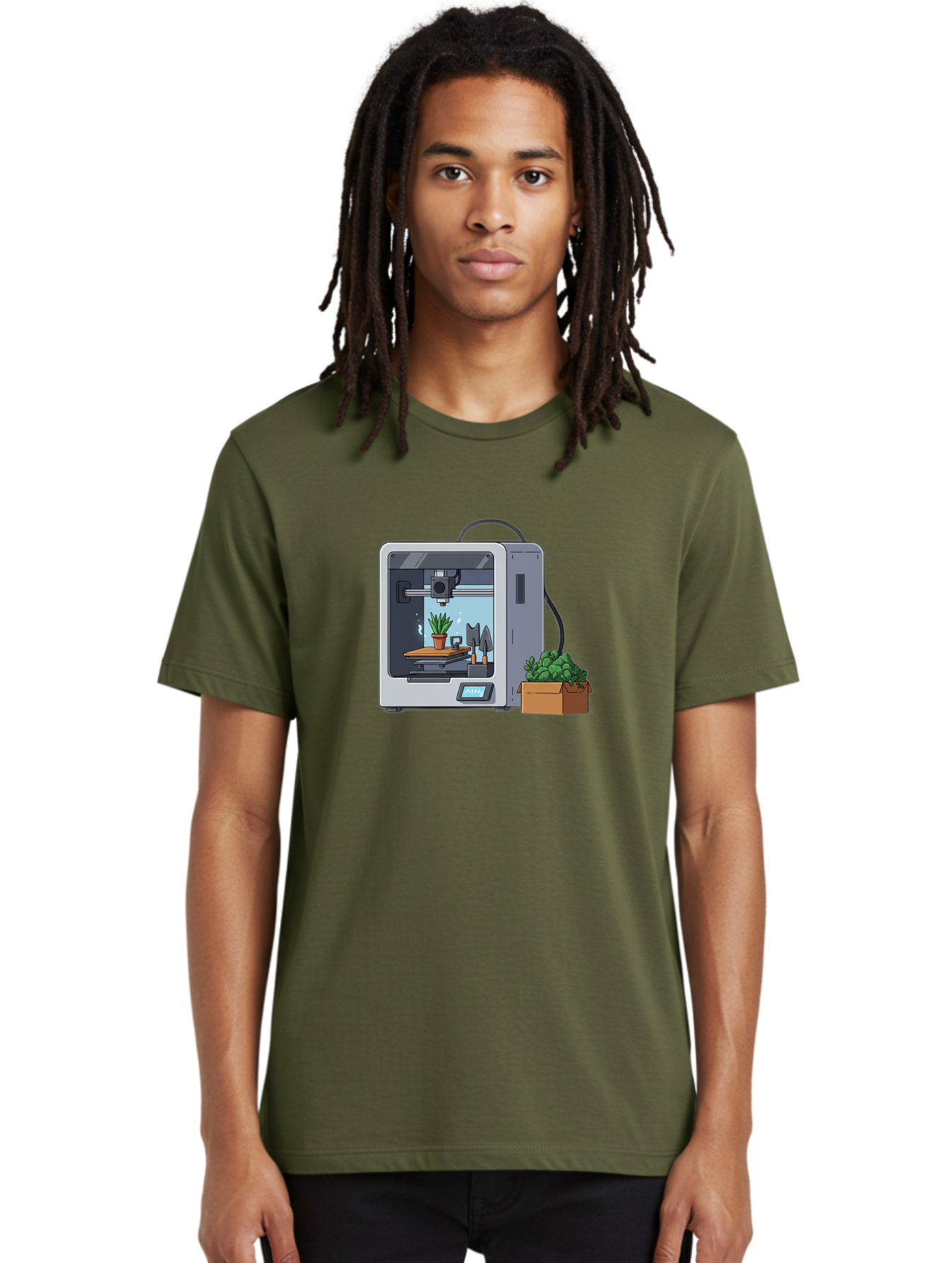 3D-Printer-23 Men'S Graphic Tee, 100% Cotton, Comfortable Casual Summer Wear, Machine Washable, 3D Printing Technology, Digital Fabrication, Futuristic Manufacturing, Potted Plant, Succulent Plants, Cardboard Box, Modern Machinery, Baa017