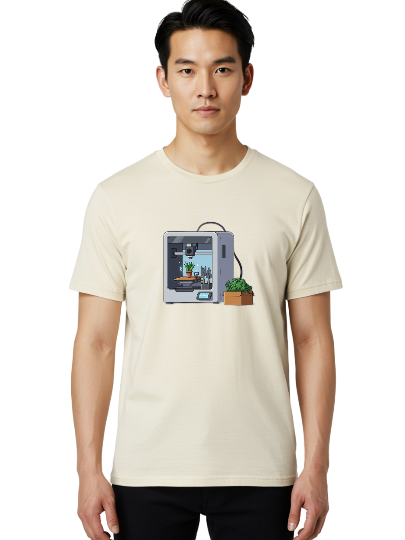 3D-Printer-23 Men'S Graphic Tee, 100% Cotton, Comfortable Casual Summer Wear, Machine Washable, 3D Printing Technology, Digital Fabrication, Futuristic Manufacturing, Potted Plant, Succulent Plants, Cardboard Box, Modern Machinery, Baa017