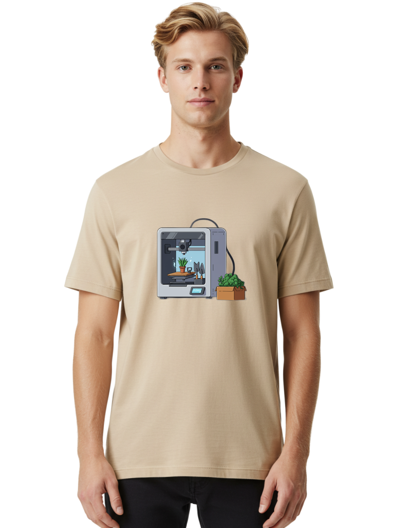 3D-Printer-23 Men'S Graphic Tee, 100% Cotton, Comfortable Casual Summer Wear, Machine Washable, 3D Printing Technology, Digital Fabrication, Futuristic Manufacturing, Potted Plant, Succulent Plants, Cardboard Box, Modern Machinery, Baa017