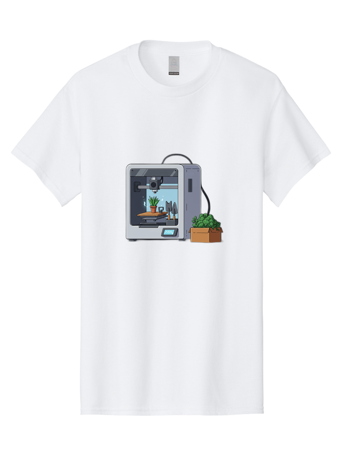 3D-Printer-23 Men'S Graphic Tee, 100% Cotton, Comfortable Casual Summer Wear, Machine Washable, 3D Printing Technology, Digital Fabrication, Futuristic Manufacturing, Potted Plant, Succulent Plants, Cardboard Box, Modern Machinery, Baa017