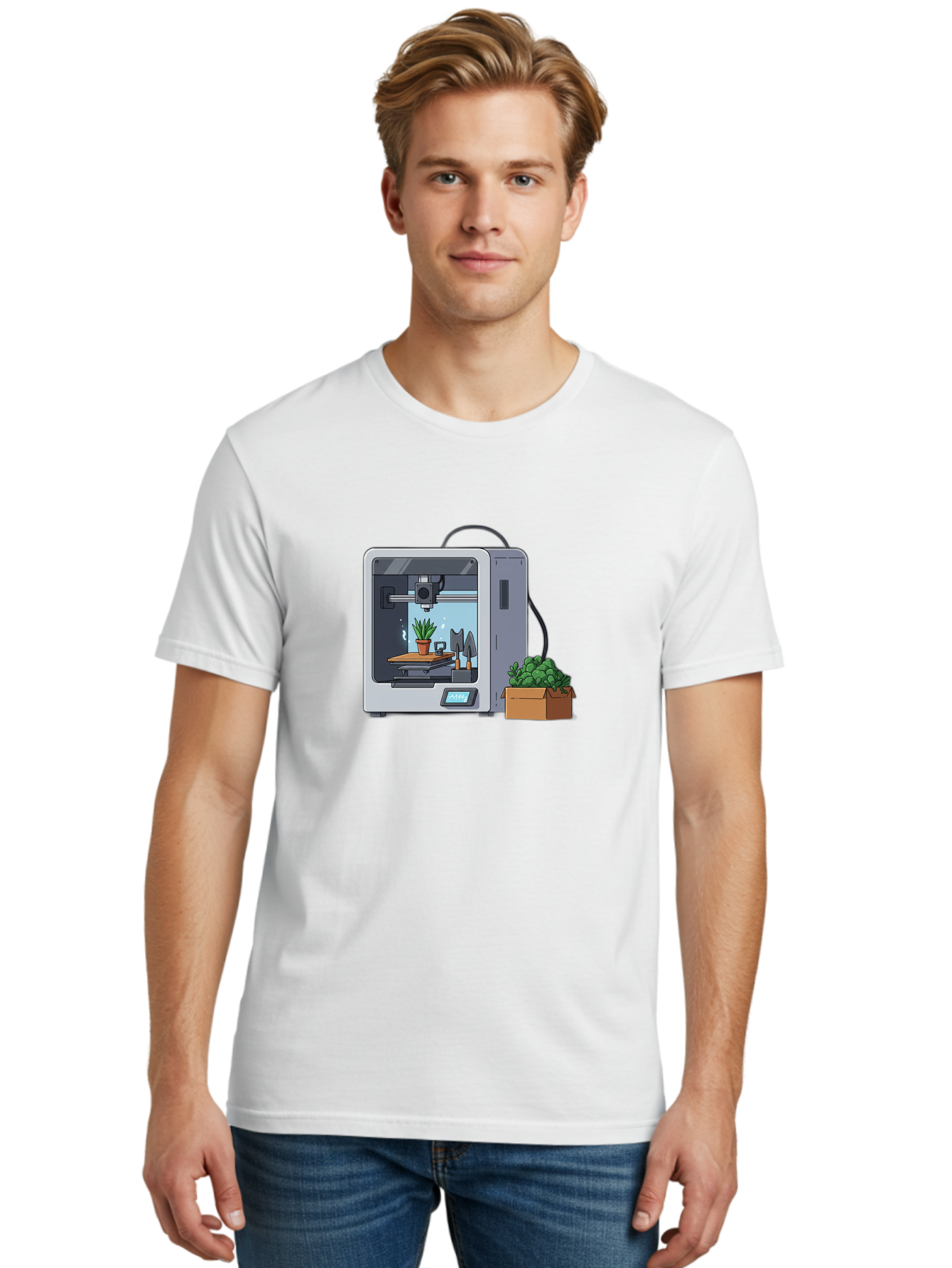 3D-Printer-23 Men'S Graphic Tee, 100% Cotton, Comfortable Casual Summer Wear, Machine Washable, 3D Printing Technology, Digital Fabrication, Futuristic Manufacturing, Potted Plant, Succulent Plants, Cardboard Box, Modern Machinery, Baa017