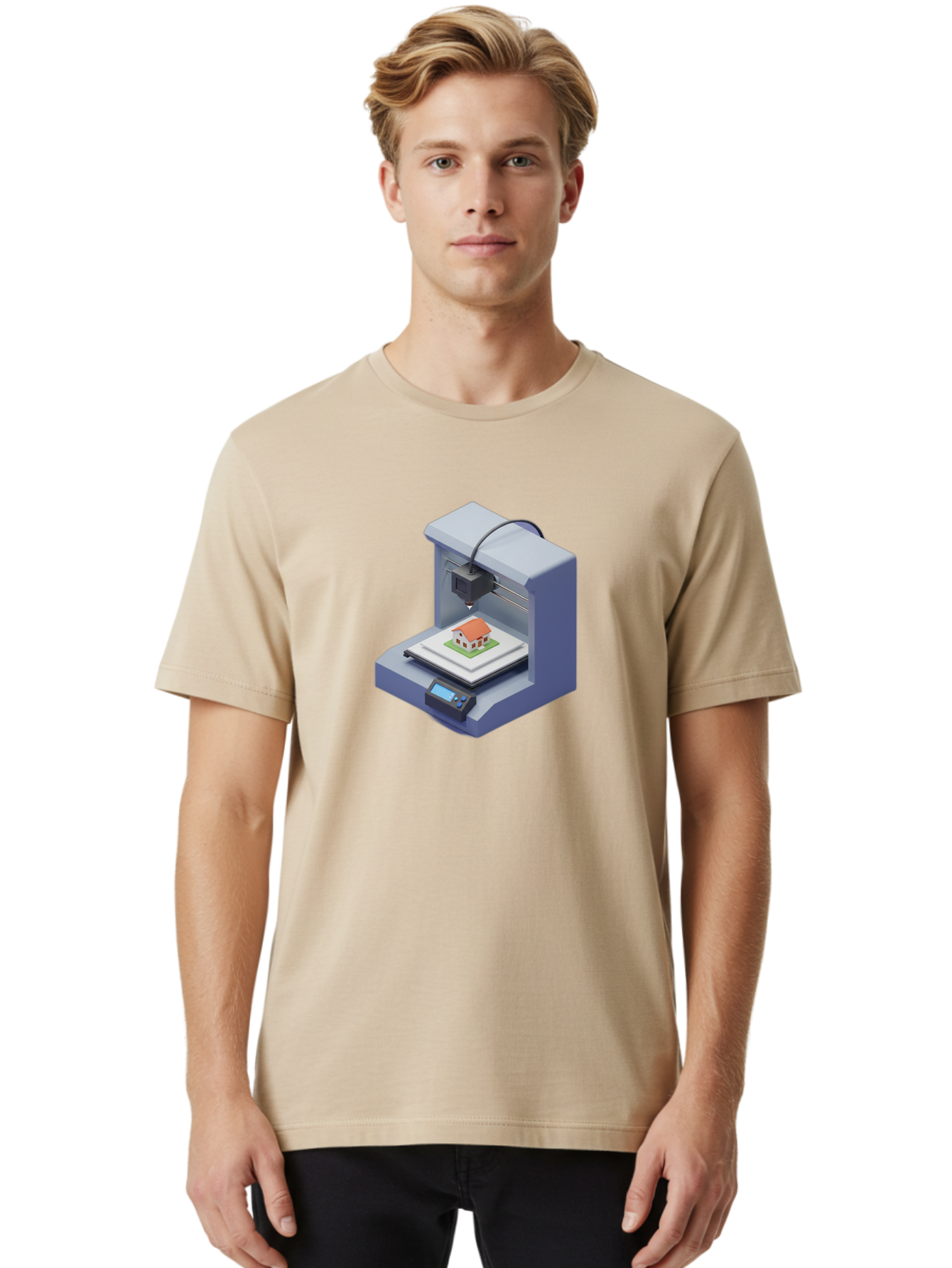 3D-Printer-25 Men'S Graphic Tee, 100% Cotton, Comfortable Casual Summer Wear, Machine Washable, 3D Printing Technology, House Model, Additive Manufacturing, Digital Fabrication, Rapid Prototyping, Modern Architecture, Futuristic Design, Baa019