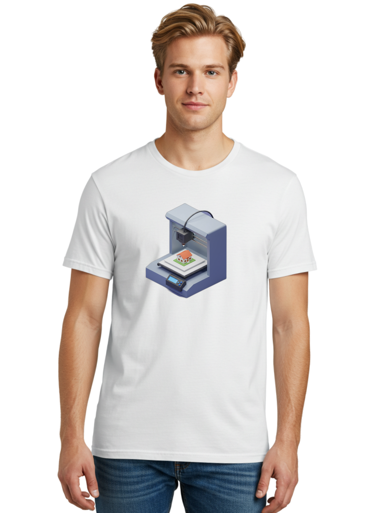 3D-Printer-25 Men'S Graphic Tee, 100% Cotton, Comfortable Casual Summer Wear, Machine Washable, 3D Printing Technology, House Model, Additive Manufacturing, Digital Fabrication, Rapid Prototyping, Modern Architecture, Futuristic Design, Baa019