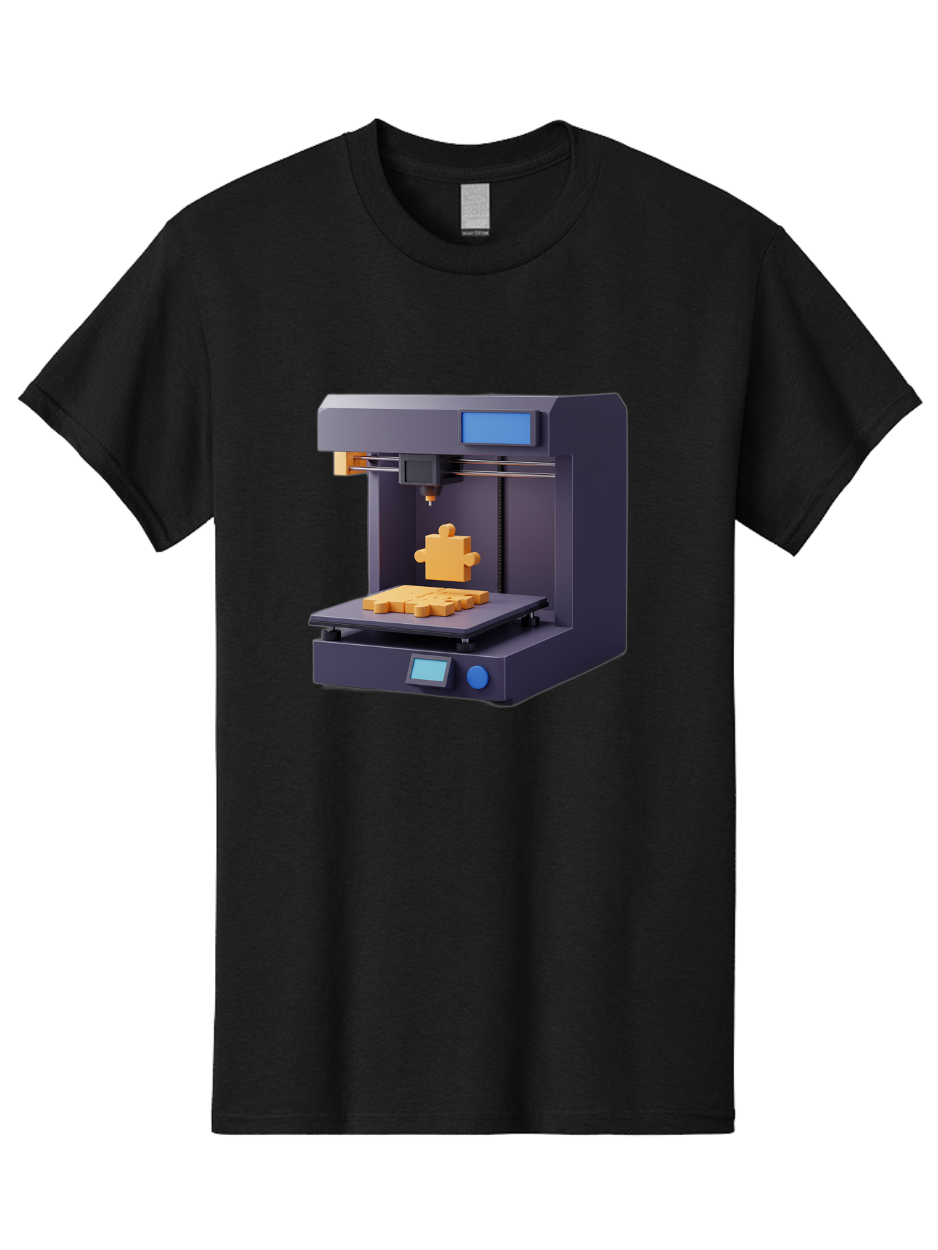3D-Printer-30 Men'S Graphic Tee, 100% Cotton, Comfortable Casual Summer Wear, Machine Washable, 3D Printing Technology, Additive Manufacturing, Puzzle Piece Being Printed, Modern Machinery, Digital Fabrication, 3D Modeling, Yellow Plastic, Baa025