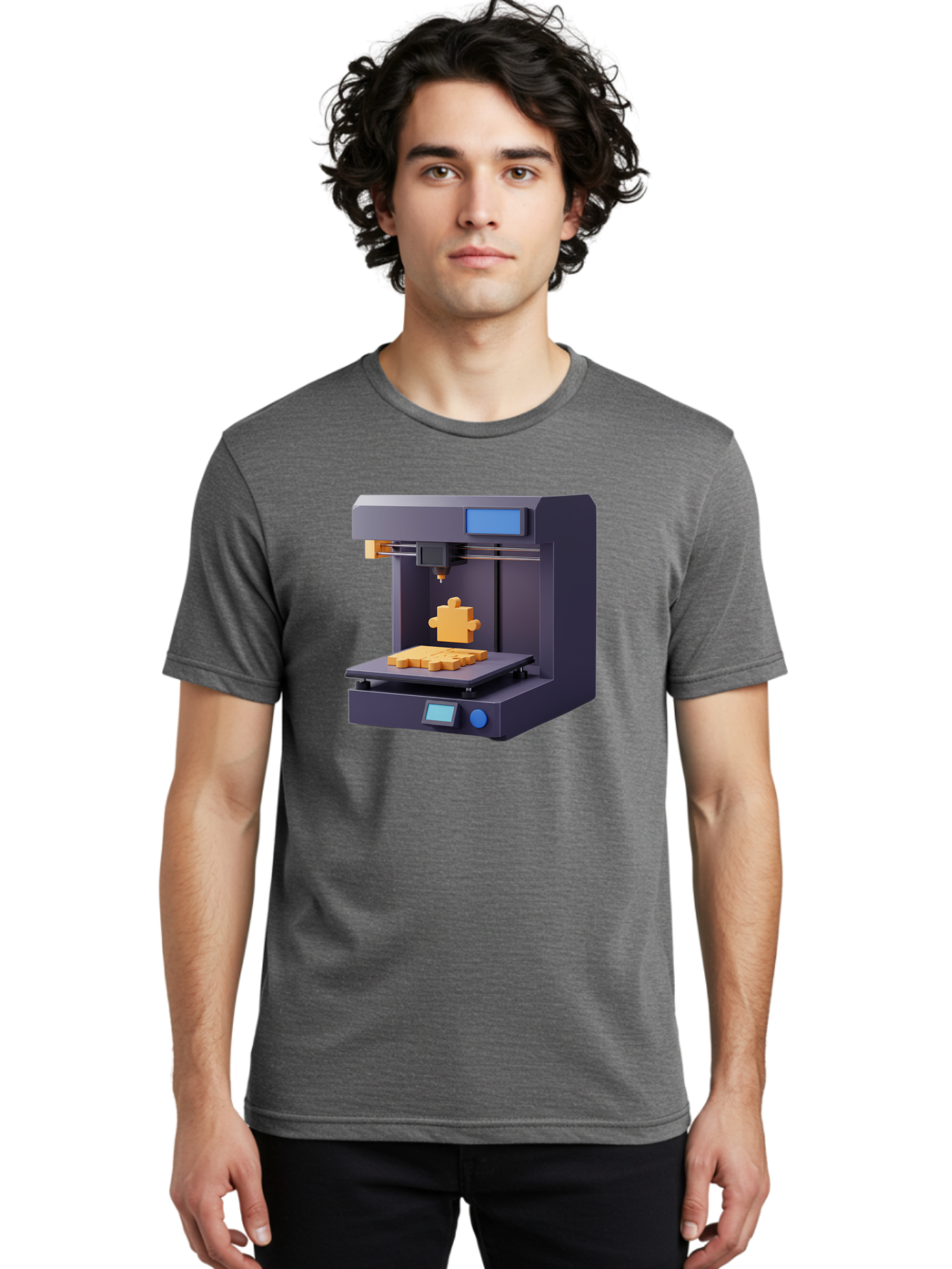 3D-Printer-30 Men'S Graphic Tee, 100% Cotton, Comfortable Casual Summer Wear, Machine Washable, 3D Printing Technology, Additive Manufacturing, Puzzle Piece Being Printed, Modern Machinery, Digital Fabrication, 3D Modeling, Yellow Plastic, Baa025
