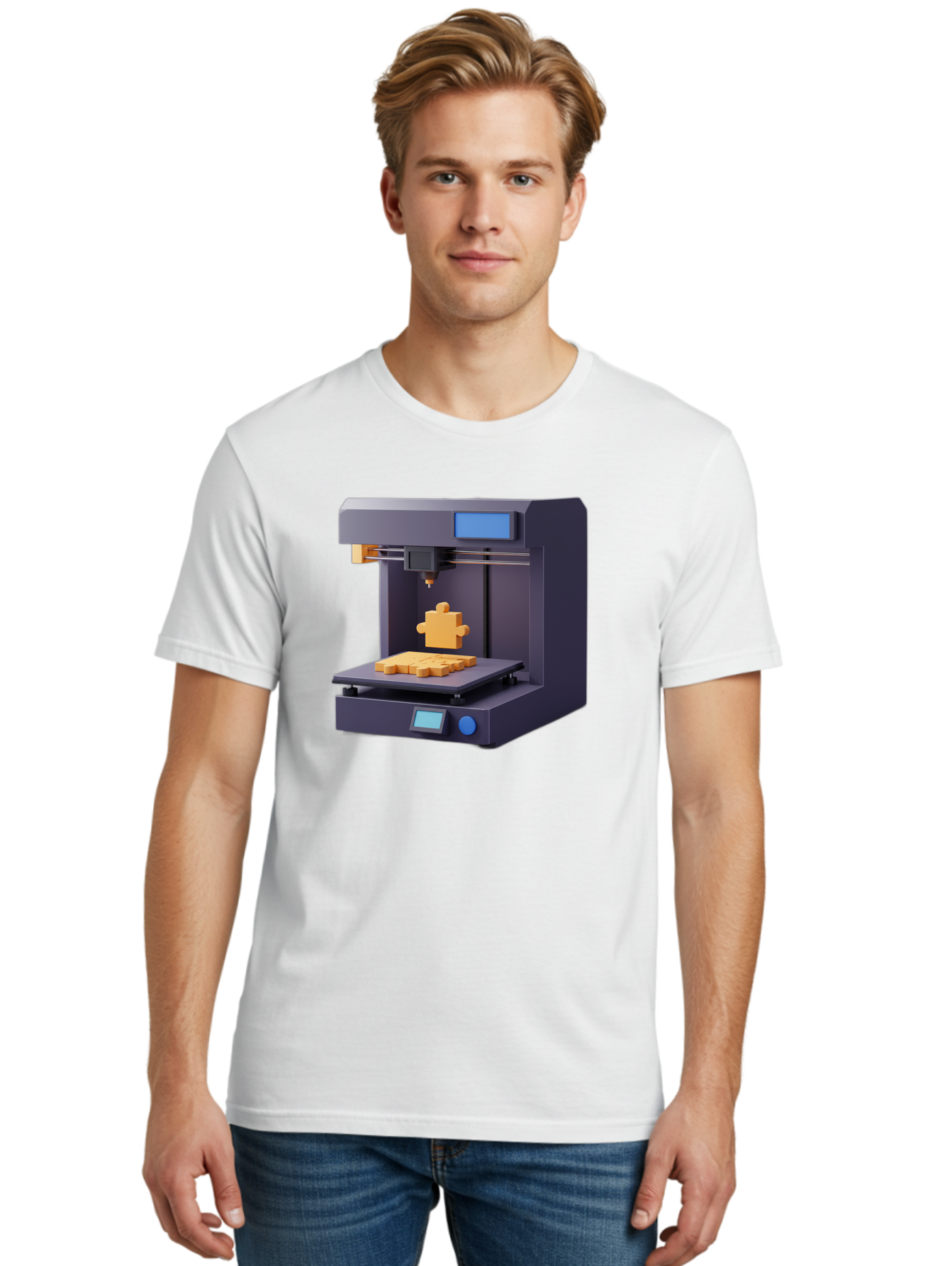 3D-Printer-30 Men'S Graphic Tee, 100% Cotton, Comfortable Casual Summer Wear, Machine Washable, 3D Printing Technology, Additive Manufacturing, Puzzle Piece Being Printed, Modern Machinery, Digital Fabrication, 3D Modeling, Yellow Plastic, Baa025