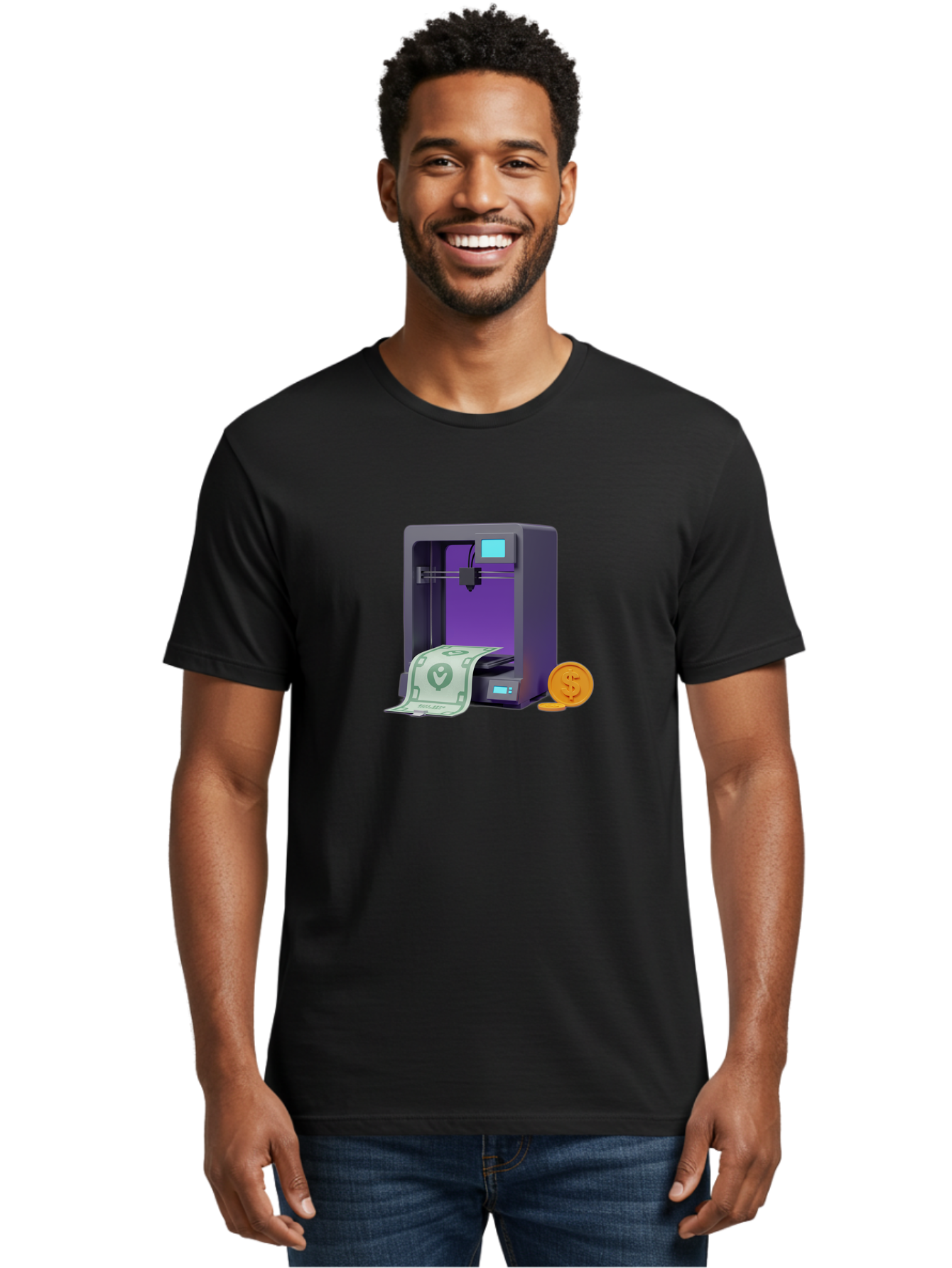 3D-Printer-37 Men'S Graphic Tee, 100% Cotton, Comfortable Casual Summer Wear, Machine Washable, 3D Printing Technology, Money Printing, Dollar Bill, Coins, Financial Gain, Innovative Machinery, Futuristic Design, Cash Generation Baa032