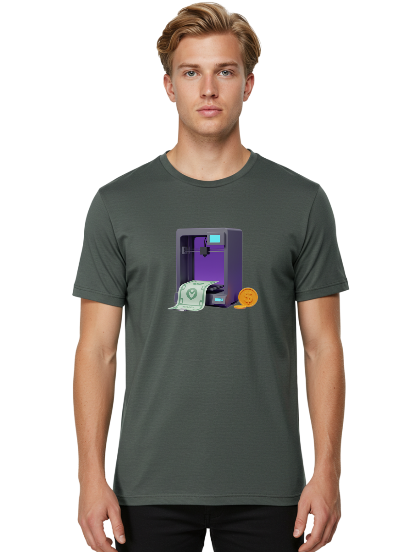 3D-Printer-37 Men'S Graphic Tee, 100% Cotton, Comfortable Casual Summer Wear, Machine Washable, 3D Printing Technology, Money Printing, Dollar Bill, Coins, Financial Gain, Innovative Machinery, Futuristic Design, Cash Generation Baa032
