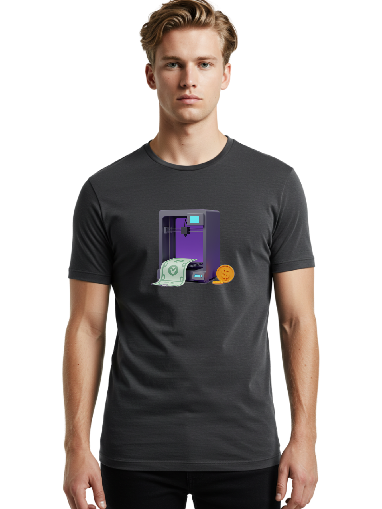 3D-Printer-37 Men'S Graphic Tee, 100% Cotton, Comfortable Casual Summer Wear, Machine Washable, 3D Printing Technology, Money Printing, Dollar Bill, Coins, Financial Gain, Innovative Machinery, Futuristic Design, Cash Generation Baa032