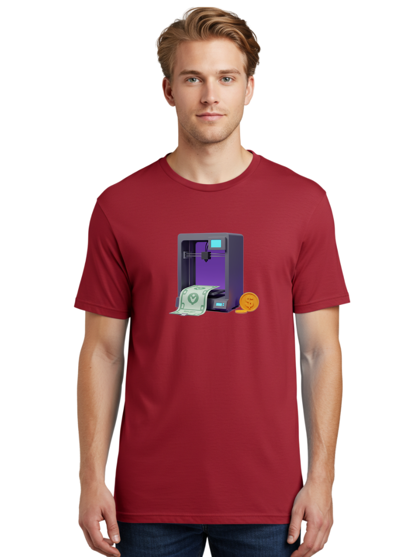 3D-Printer-37 Men'S Graphic Tee, 100% Cotton, Comfortable Casual Summer Wear, Machine Washable, 3D Printing Technology, Money Printing, Dollar Bill, Coins, Financial Gain, Innovative Machinery, Futuristic Design, Cash Generation Baa032