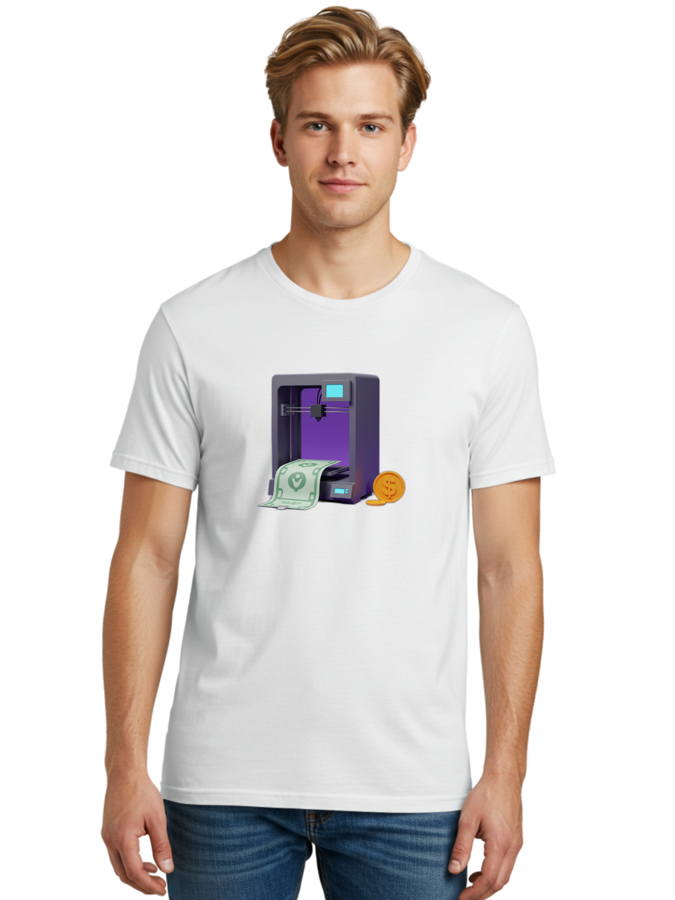 3D-Printer-37 Men'S Graphic Tee, 100% Cotton, Comfortable Casual Summer Wear, Machine Washable, 3D Printing Technology, Money Printing, Dollar Bill, Coins, Financial Gain, Innovative Machinery, Futuristic Design, Cash Generation Baa032