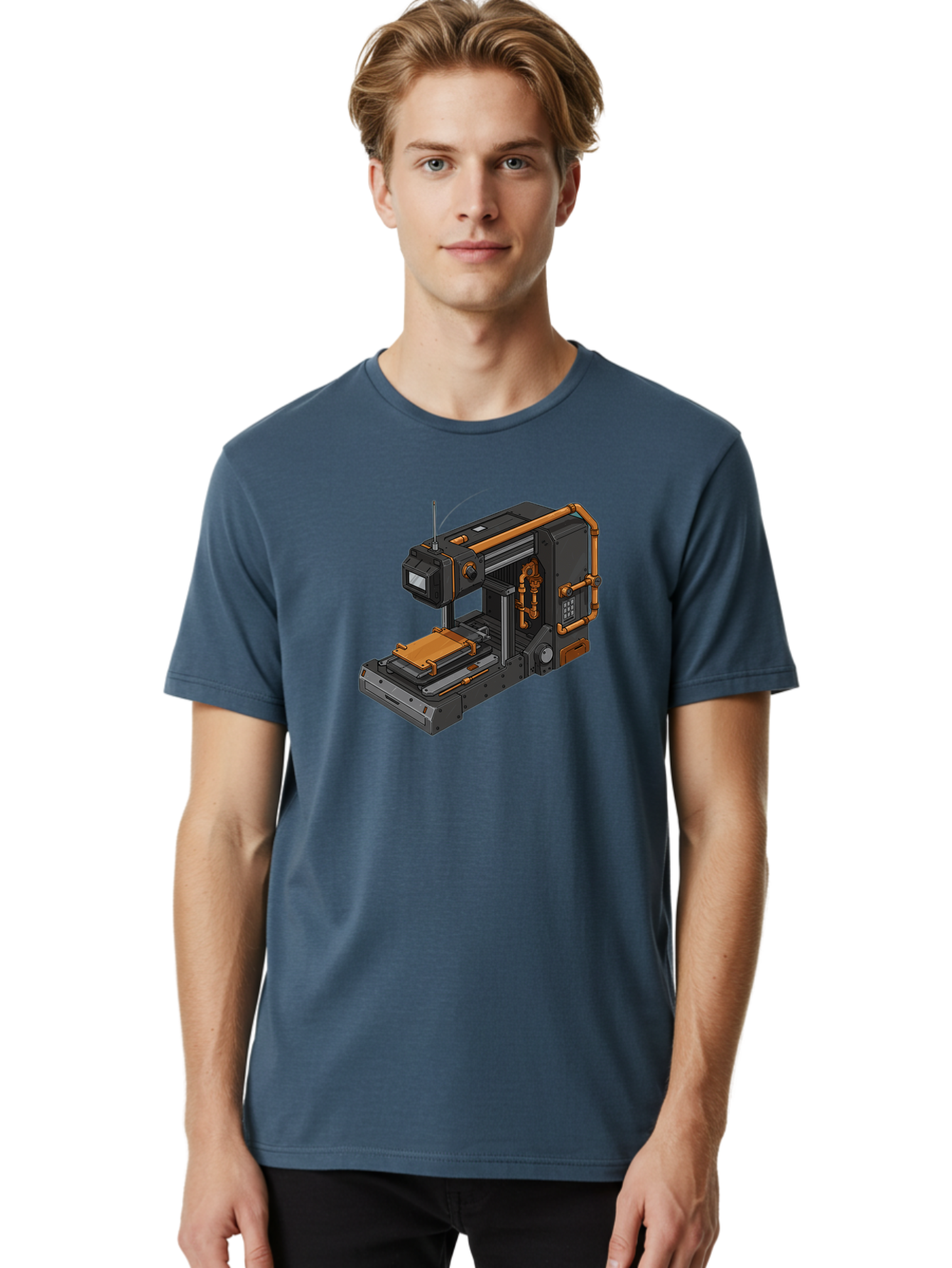3D-Printer-38 Men'S Graphic Tee, 100% Cotton, Comfortable Casual Summer Wear, Machine Washable, Industrial 3D Printing Technology, Futuristic Manufacturing, Copper Piping, Black Metal Machinery, High-Precision Engineering, Innovative Design, Baa033