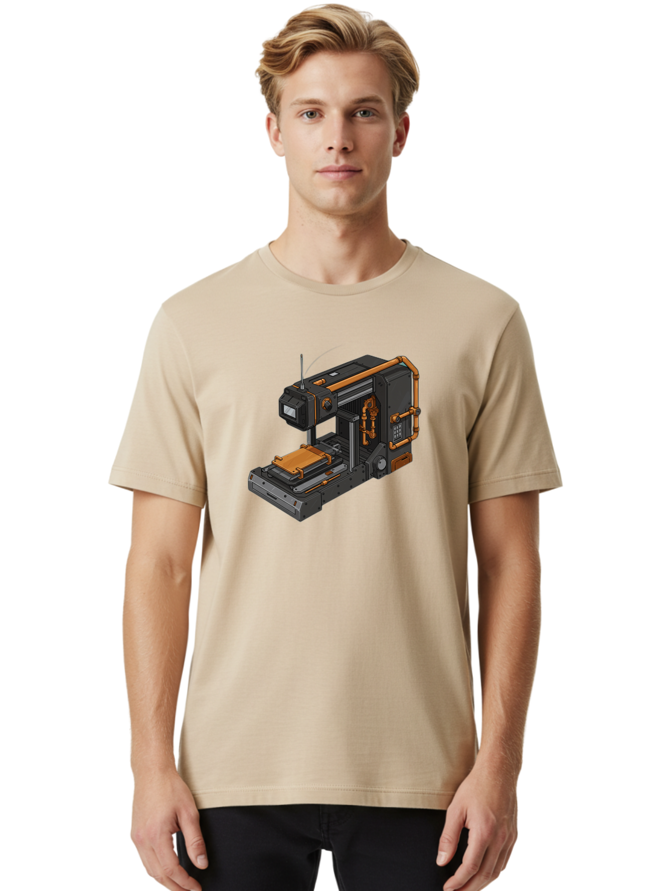 3D-Printer-38 Men'S Graphic Tee, 100% Cotton, Comfortable Casual Summer Wear, Machine Washable, Industrial 3D Printing Technology, Futuristic Manufacturing, Copper Piping, Black Metal Machinery, High-Precision Engineering, Innovative Design, Baa033