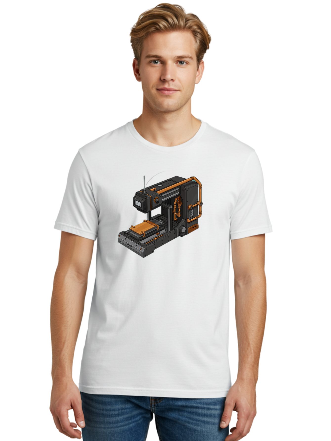 3D-Printer-38 Men'S Graphic Tee, 100% Cotton, Comfortable Casual Summer Wear, Machine Washable, Industrial 3D Printing Technology, Futuristic Manufacturing, Copper Piping, Black Metal Machinery, High-Precision Engineering, Innovative Design, Baa033