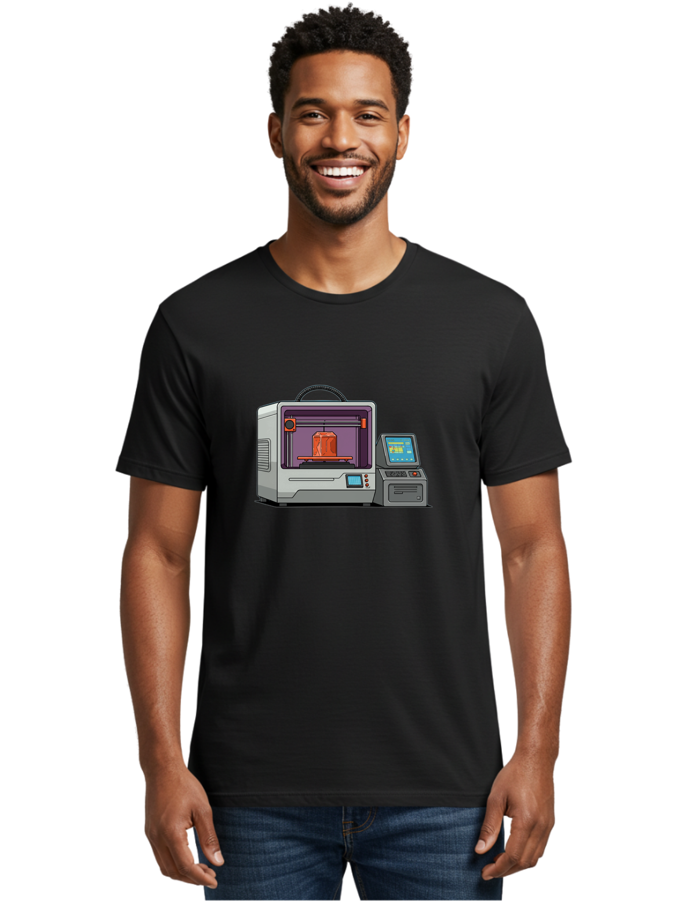 3D-Printer-4 Men'S Graphic Tee, 100% Cotton, Comfortable Casual Summer Wear, Machine Washable, 3D Printing Technology, Additive Manufacturing, Digital Design, Rapid Prototyping, Orange Object, Printer Controls, Digital Display, Baa035