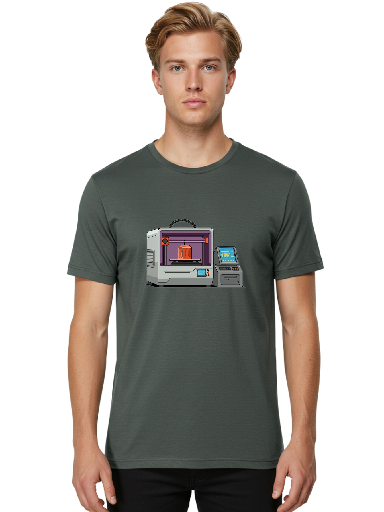 3D-Printer-4 Men'S Graphic Tee, 100% Cotton, Comfortable Casual Summer Wear, Machine Washable, 3D Printing Technology, Additive Manufacturing, Digital Design, Rapid Prototyping, Orange Object, Printer Controls, Digital Display, Baa035