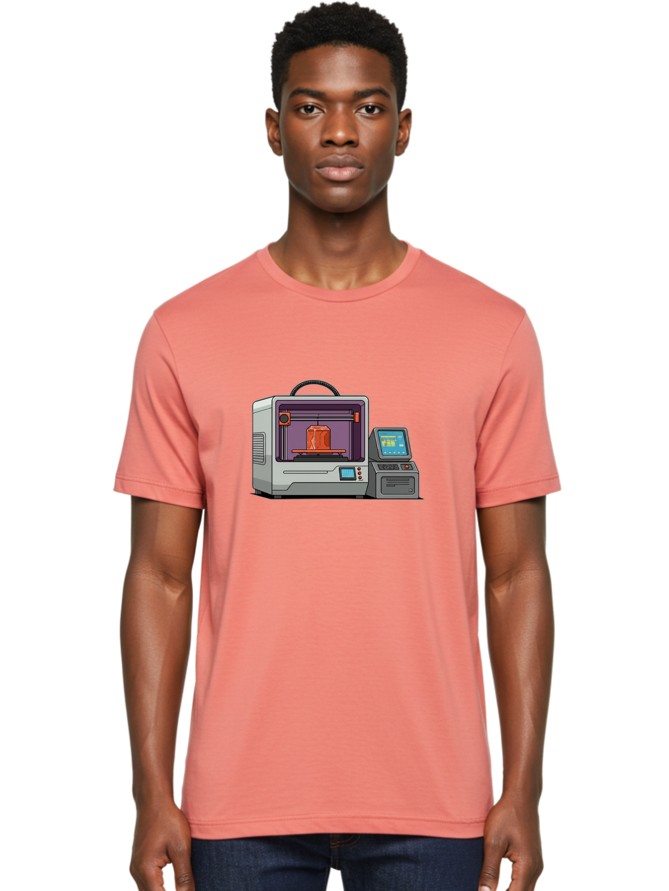 3D-Printer-4 Men'S Graphic Tee, 100% Cotton, Comfortable Casual Summer Wear, Machine Washable, 3D Printing Technology, Additive Manufacturing, Digital Design, Rapid Prototyping, Orange Object, Printer Controls, Digital Display, Baa035