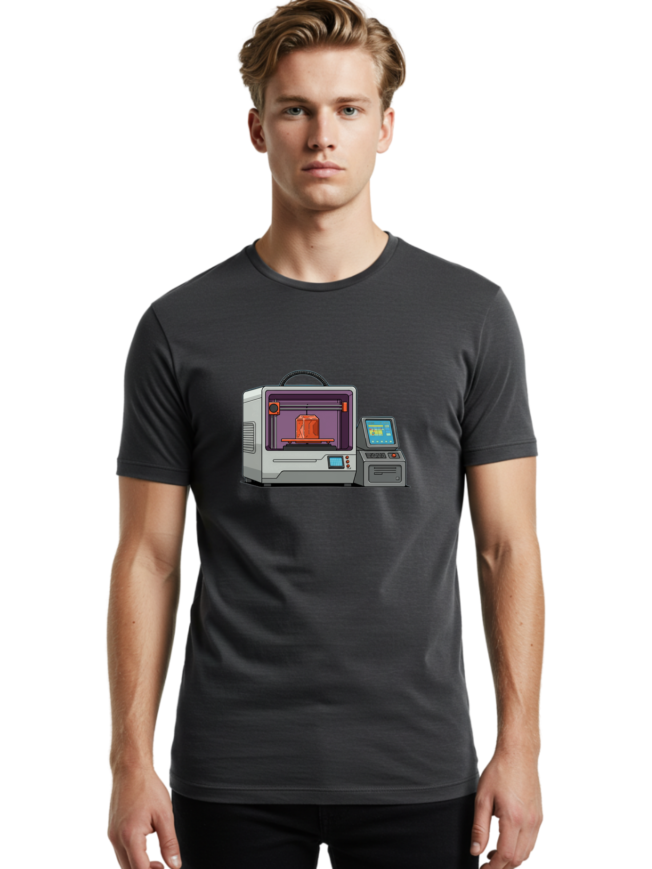 3D-Printer-4 Men'S Graphic Tee, 100% Cotton, Comfortable Casual Summer Wear, Machine Washable, 3D Printing Technology, Additive Manufacturing, Digital Design, Rapid Prototyping, Orange Object, Printer Controls, Digital Display, Baa035