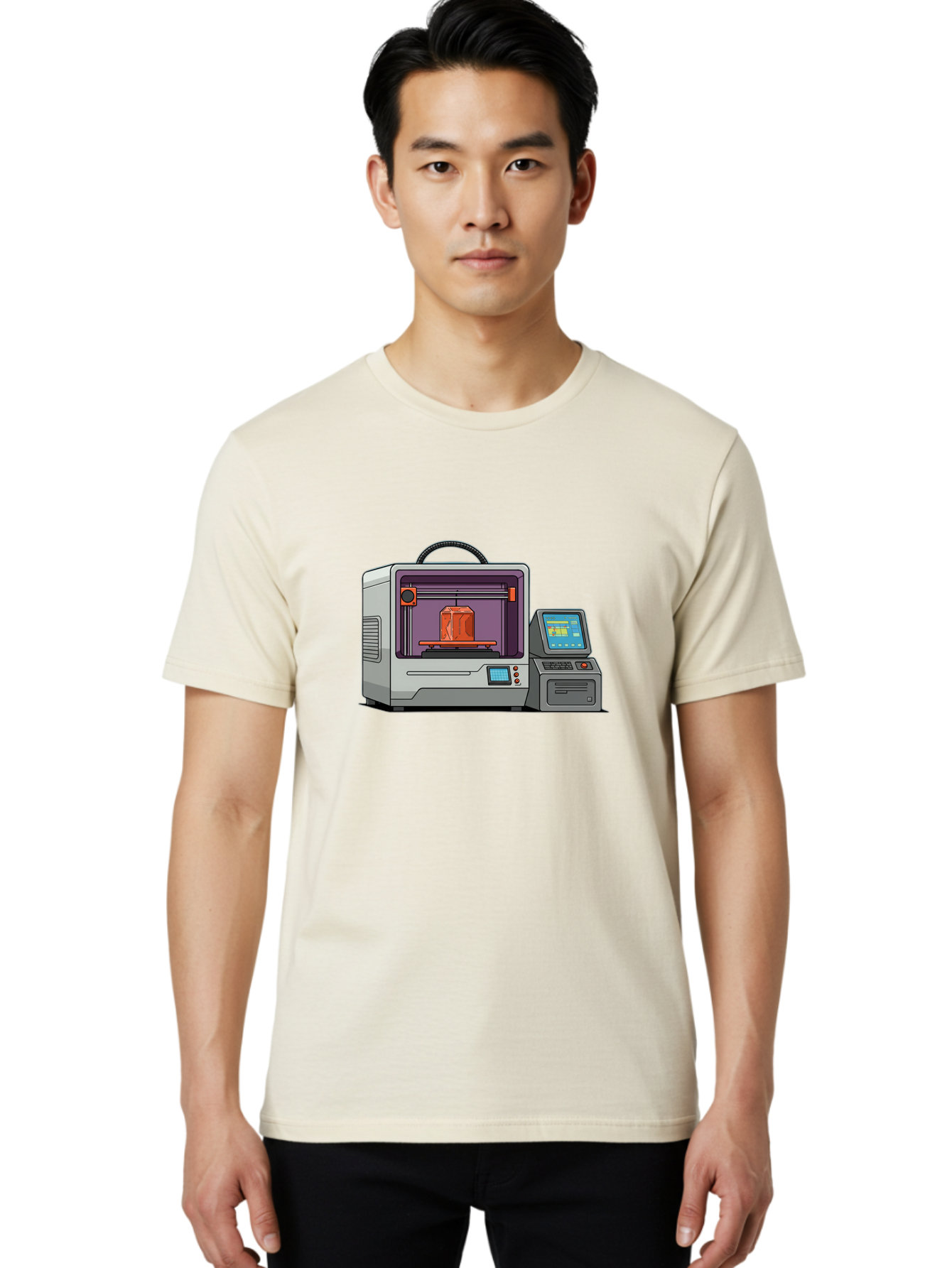 3D-Printer-4 Men'S Graphic Tee, 100% Cotton, Comfortable Casual Summer Wear, Machine Washable, 3D Printing Technology, Additive Manufacturing, Digital Design, Rapid Prototyping, Orange Object, Printer Controls, Digital Display, Baa035