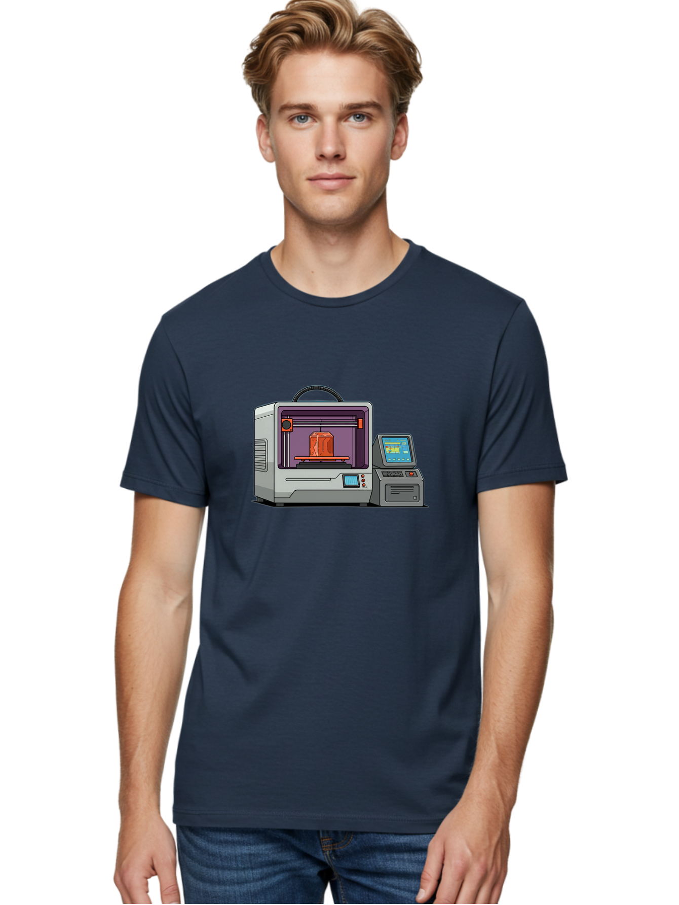 3D-Printer-4 Men'S Graphic Tee, 100% Cotton, Comfortable Casual Summer Wear, Machine Washable, 3D Printing Technology, Additive Manufacturing, Digital Design, Rapid Prototyping, Orange Object, Printer Controls, Digital Display, Baa035