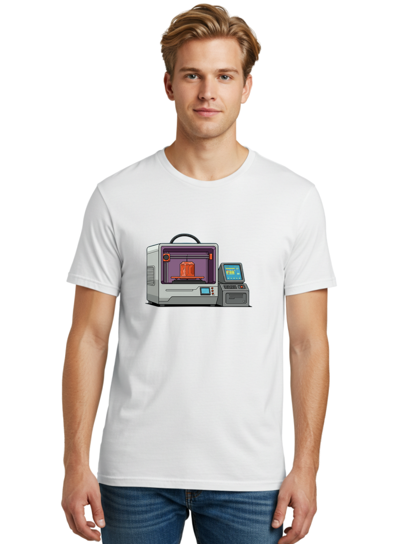 3D-Printer-4 Men'S Graphic Tee, 100% Cotton, Comfortable Casual Summer Wear, Machine Washable, 3D Printing Technology, Additive Manufacturing, Digital Design, Rapid Prototyping, Orange Object, Printer Controls, Digital Display, Baa035