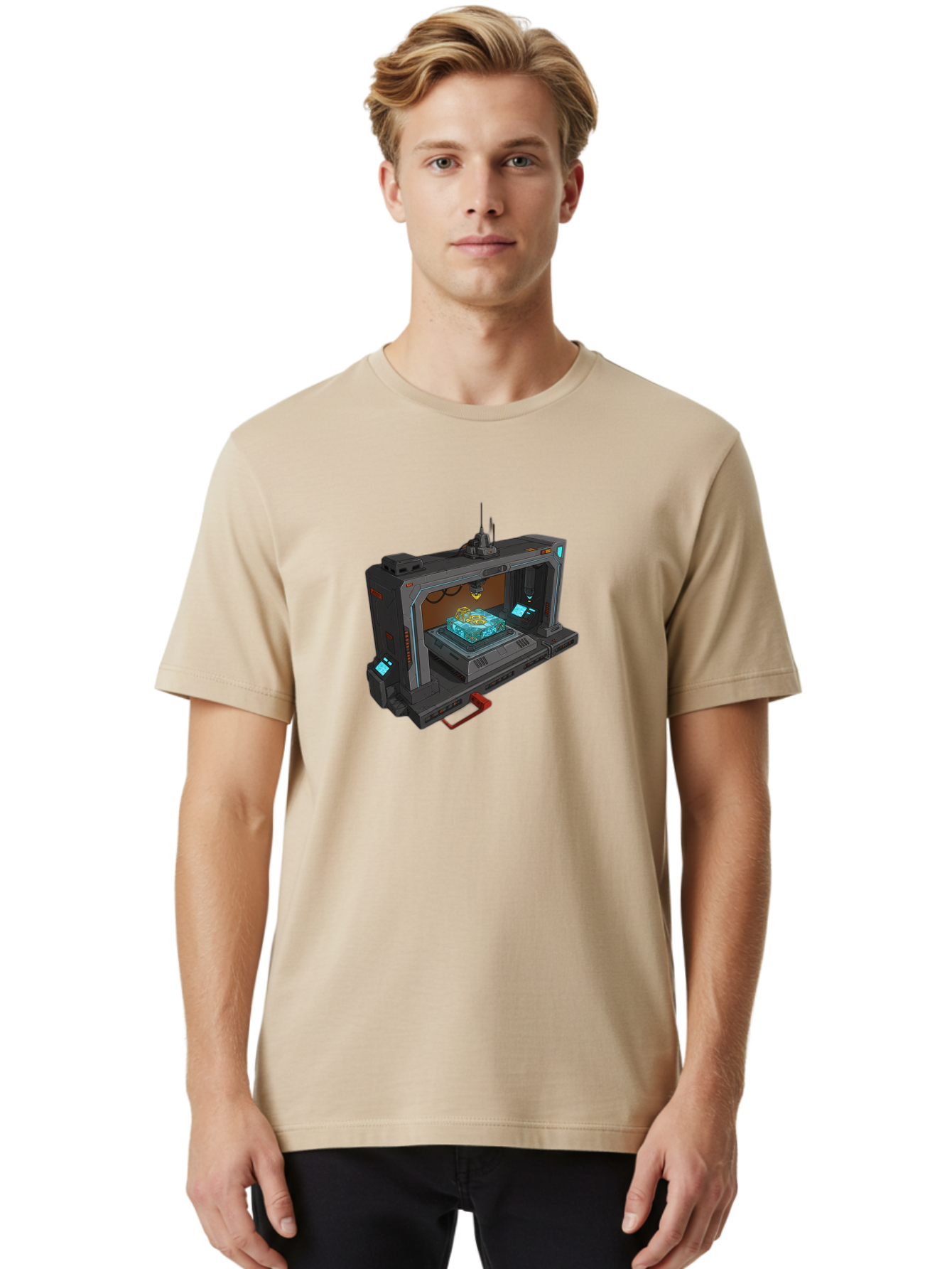 3D-Printer-42 Men'S Graphic Tee, 100% Cotton, Comfortable Casual Summer Wear, Machine Washable, Futuristic 3D Printing Technology, Advanced Manufacturing, Sci-Fi Machinery, Technological Innovation, Industrial Design, Digital Fabrication, Baa038