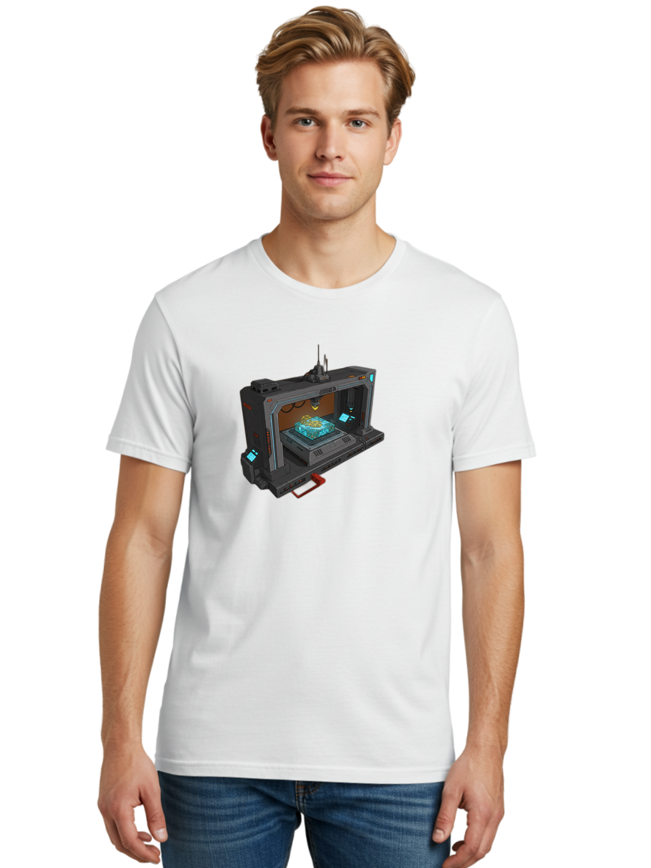 3D-Printer-42 Men'S Graphic Tee, 100% Cotton, Comfortable Casual Summer Wear, Machine Washable, Futuristic 3D Printing Technology, Advanced Manufacturing, Sci-Fi Machinery, Technological Innovation, Industrial Design, Digital Fabrication, Baa038