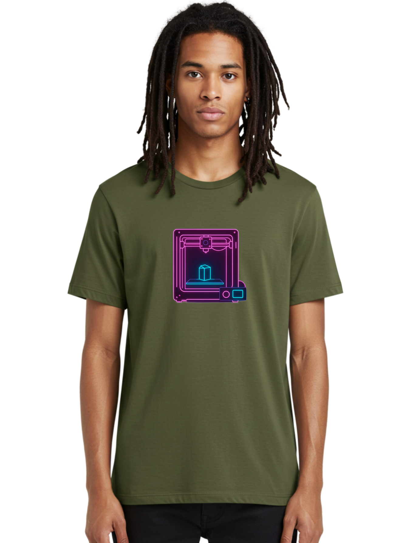3D-Printer-8 Men'S Graphic Tee, 100% Cotton, Comfortable Casual Summer Wear, Machine Washable, 3D Printing Technology, Additive Manufacturing, Futuristic Design, Neon Lights, Digital Fabrication, Prototype Development, Innovative Product, Baa042