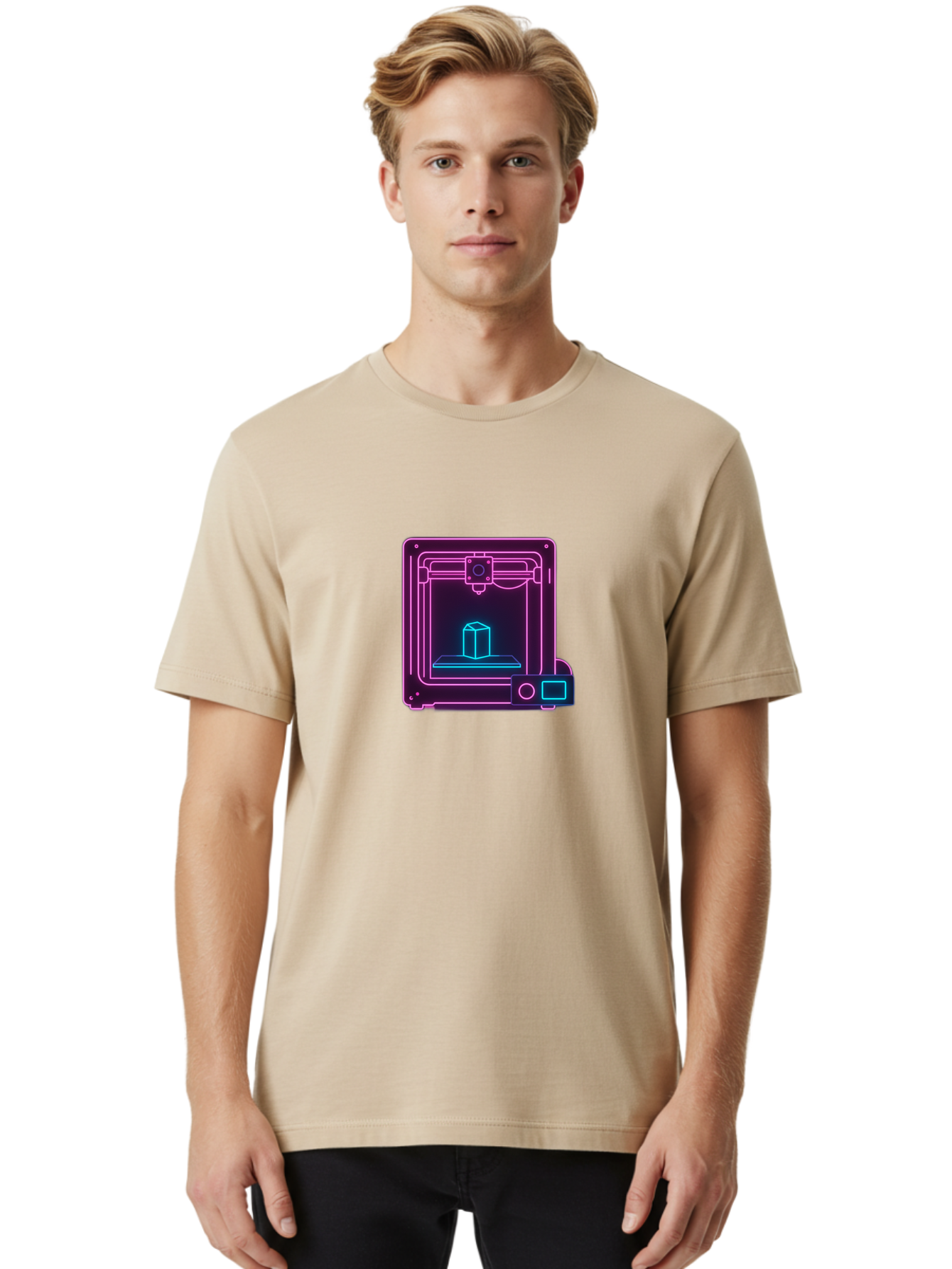 3D-Printer-8 Men'S Graphic Tee, 100% Cotton, Comfortable Casual Summer Wear, Machine Washable, 3D Printing Technology, Additive Manufacturing, Futuristic Design, Neon Lights, Digital Fabrication, Prototype Development, Innovative Product, Baa042