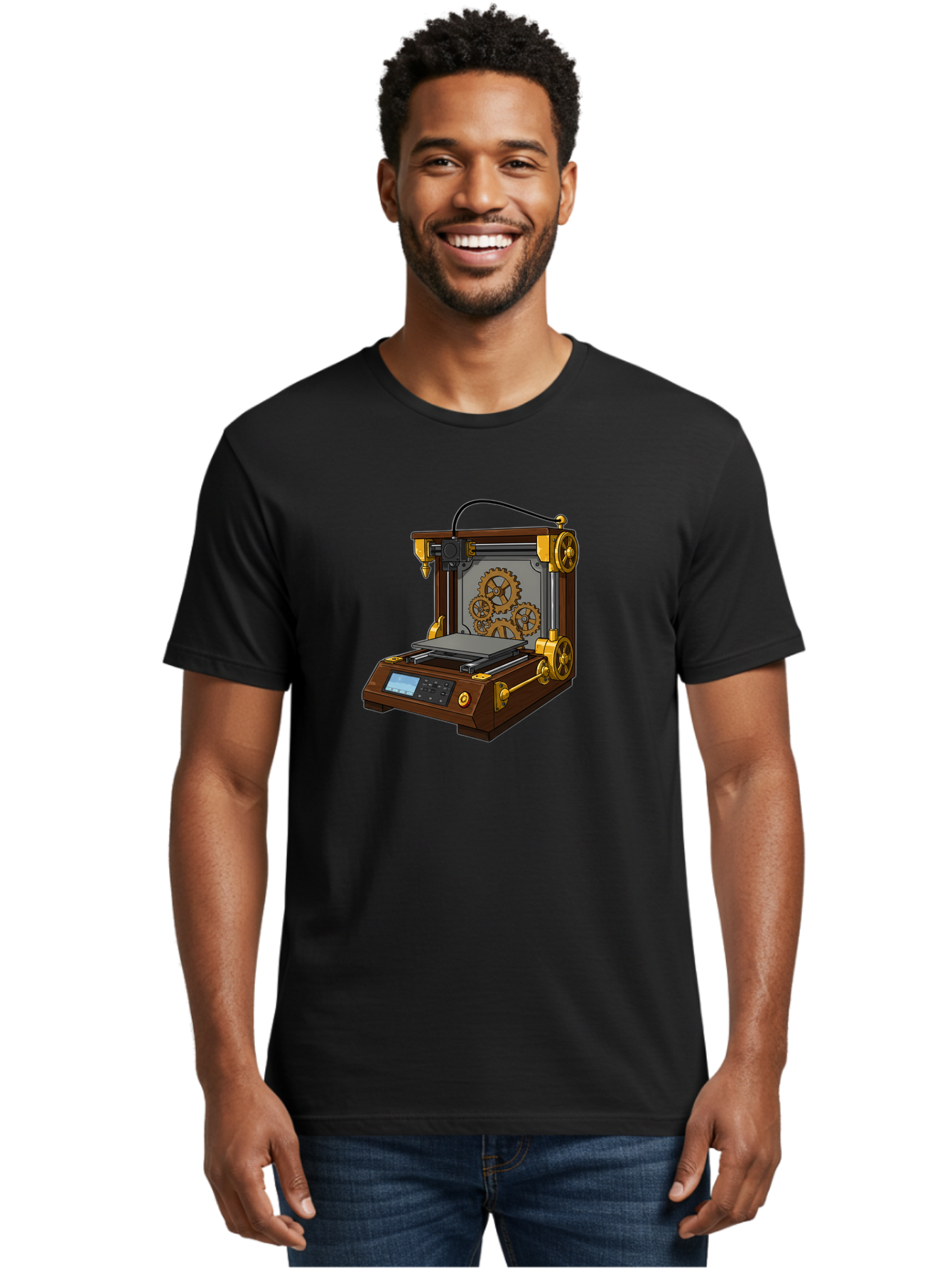 3D-Printer-9 Men'S Graphic Tee, 100% Cotton, Comfortable Casual Summer Wear, Machine Washable, Steampunk 3D Printer, Industrial Machinery, Mechanical Gears, Digital Display, Innovative Technology, Futuristic Design, Mechanical Engineering, Baa043