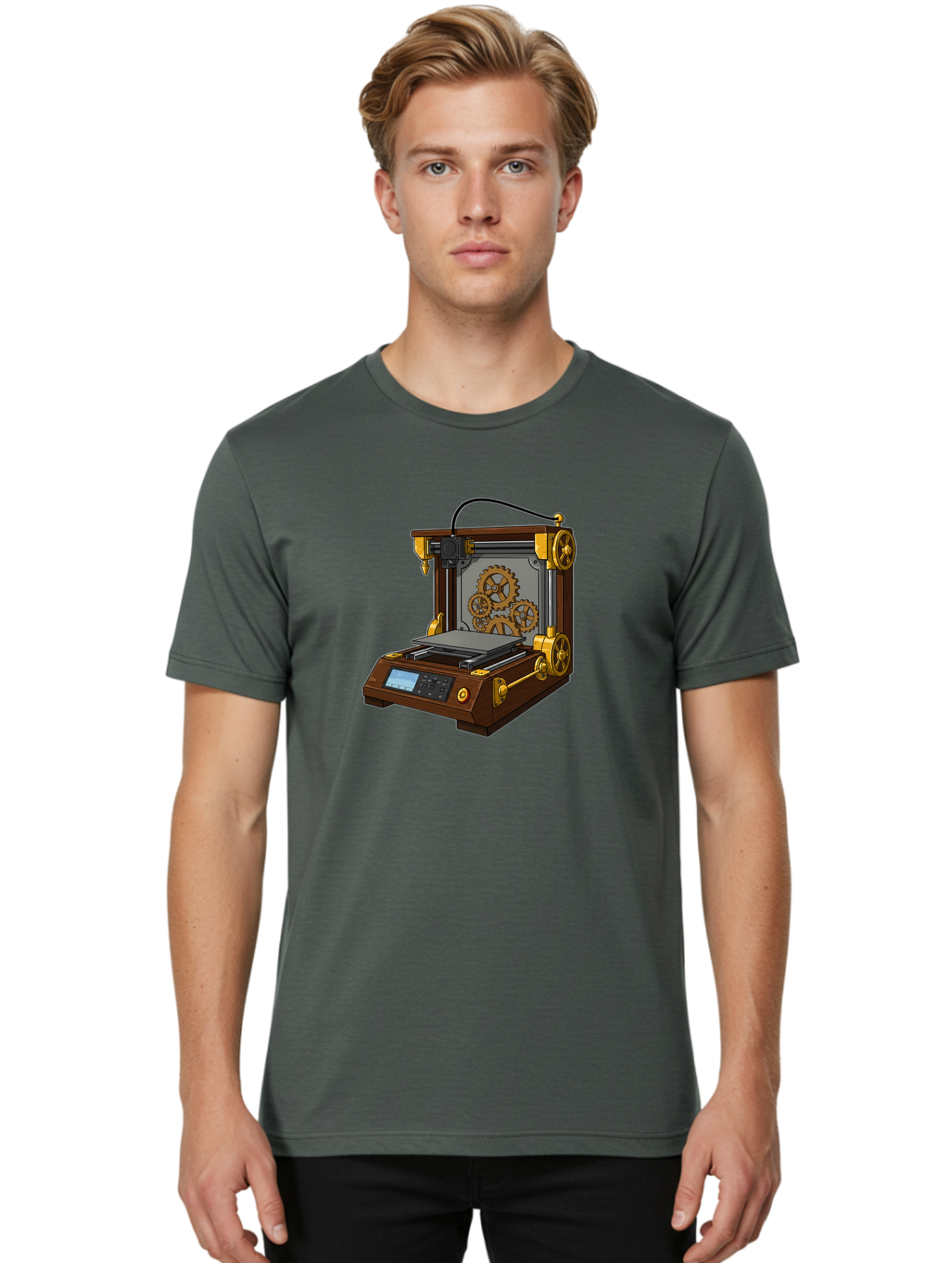 3D-Printer-9 Men'S Graphic Tee, 100% Cotton, Comfortable Casual Summer Wear, Machine Washable, Steampunk 3D Printer, Industrial Machinery, Mechanical Gears, Digital Display, Innovative Technology, Futuristic Design, Mechanical Engineering, Baa043